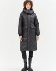 BLACK MIDI COAT PADDED WITH CAMEL WOOL AND MEIDA