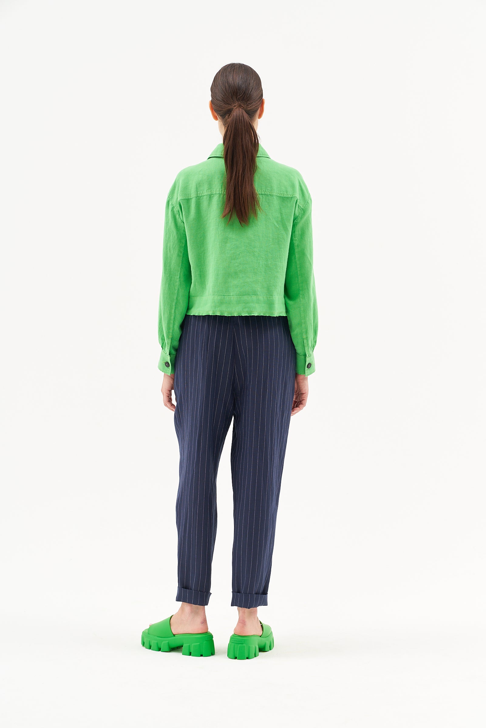 LINEN RICH TRAPERED ANKLE GLAZER TROUSERS IN NAVY