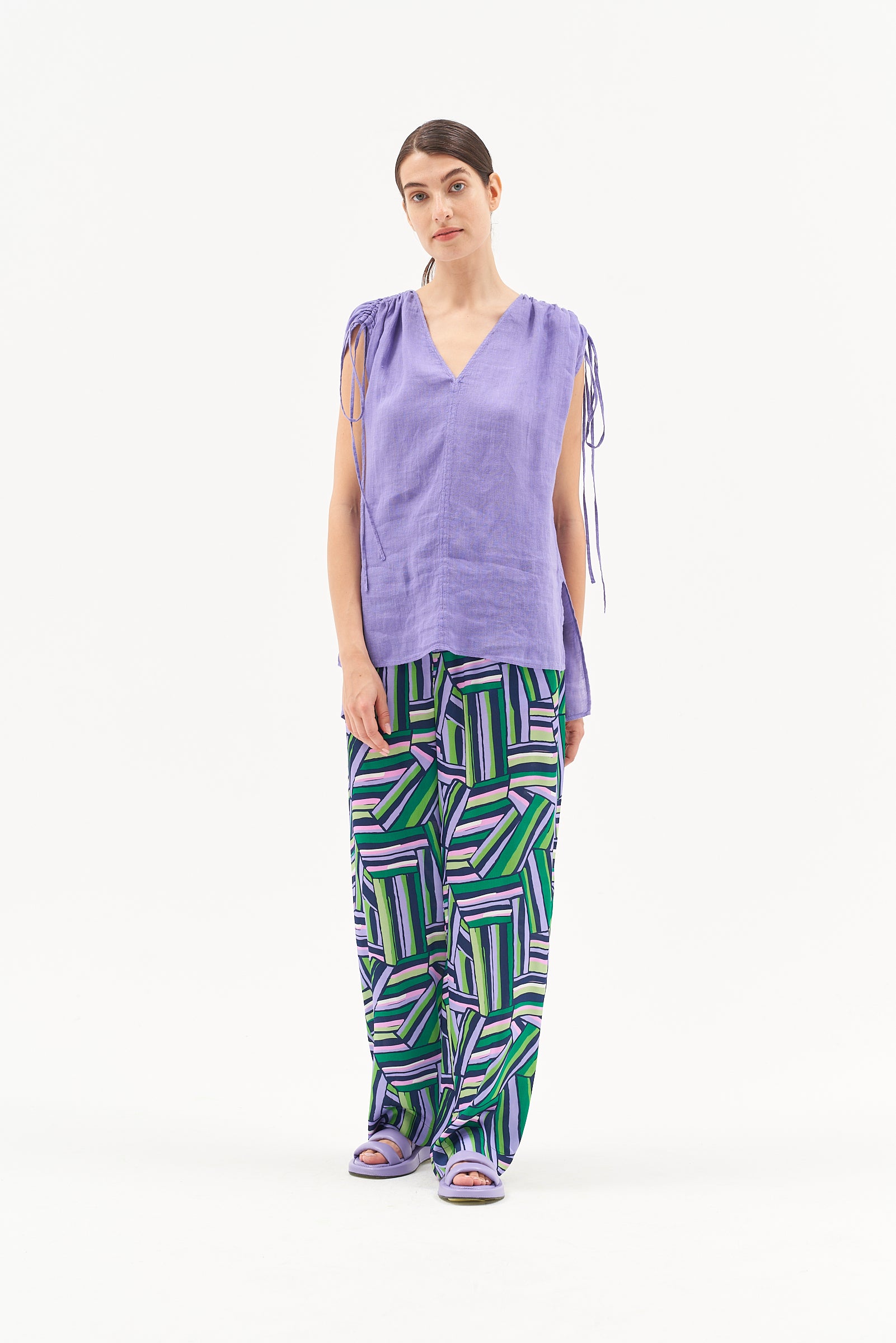 SHORT SLEEVE PURE LINEN BLOUSE LILLAC