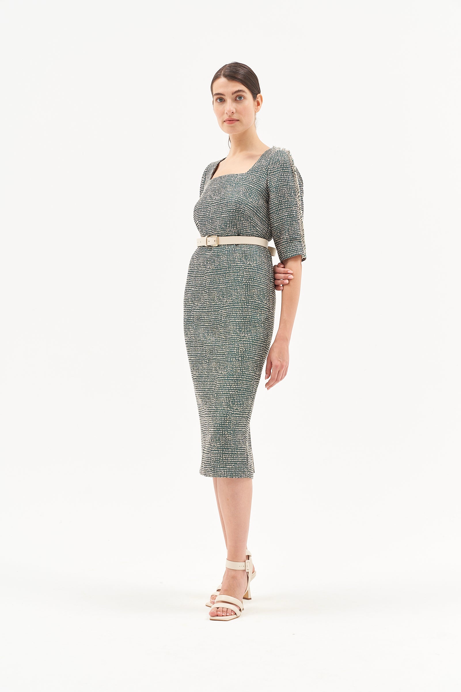 ELBOW LENGTH SLEEVES MIDI DRESS EVERGREEN