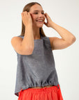 SLEEVELESS NAVY MELANGE BLOUSE WITH LINEN