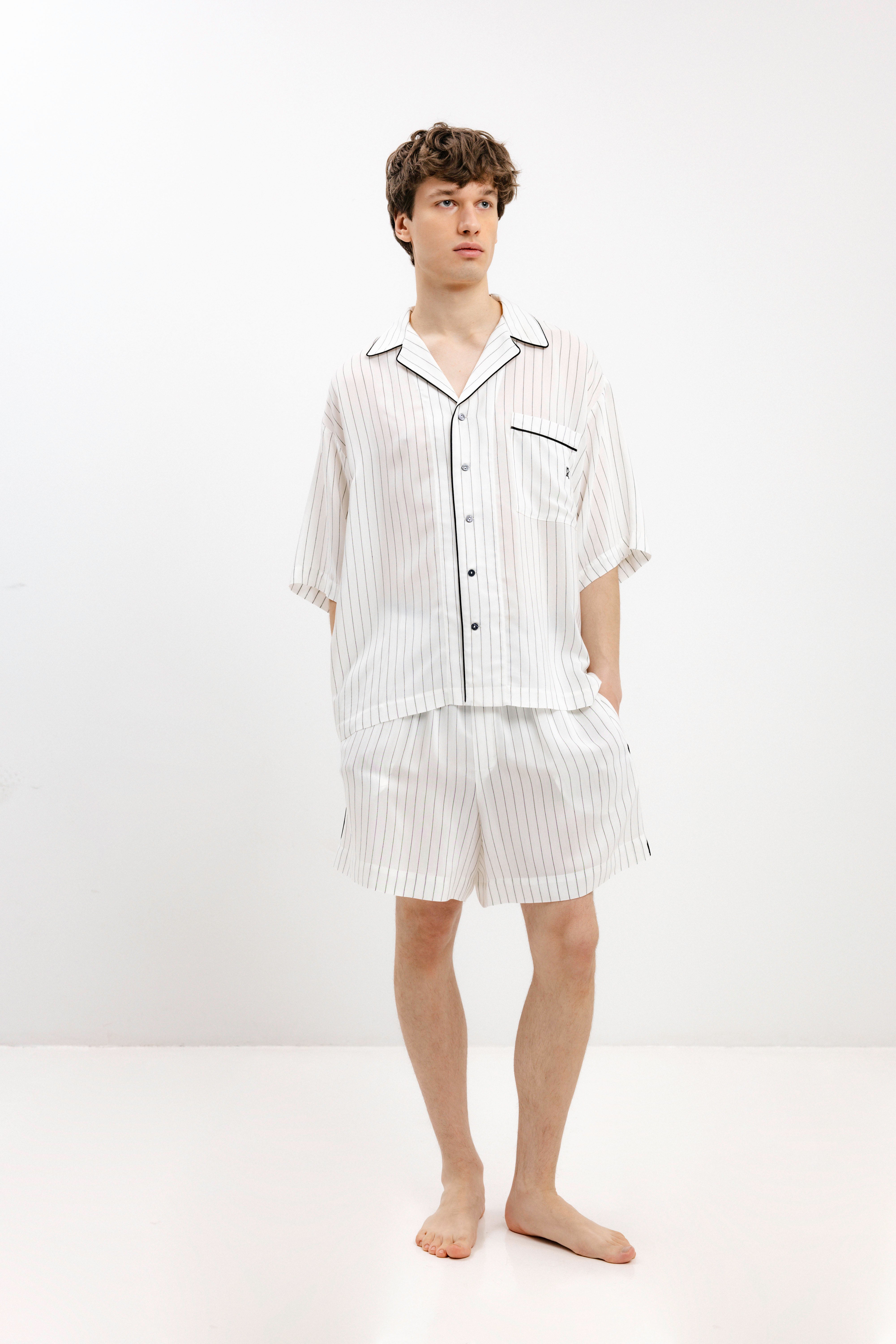 PYJAMA SHIRT WITH BLACK STRIPES AND SHORT SLEEVES - UNISEX