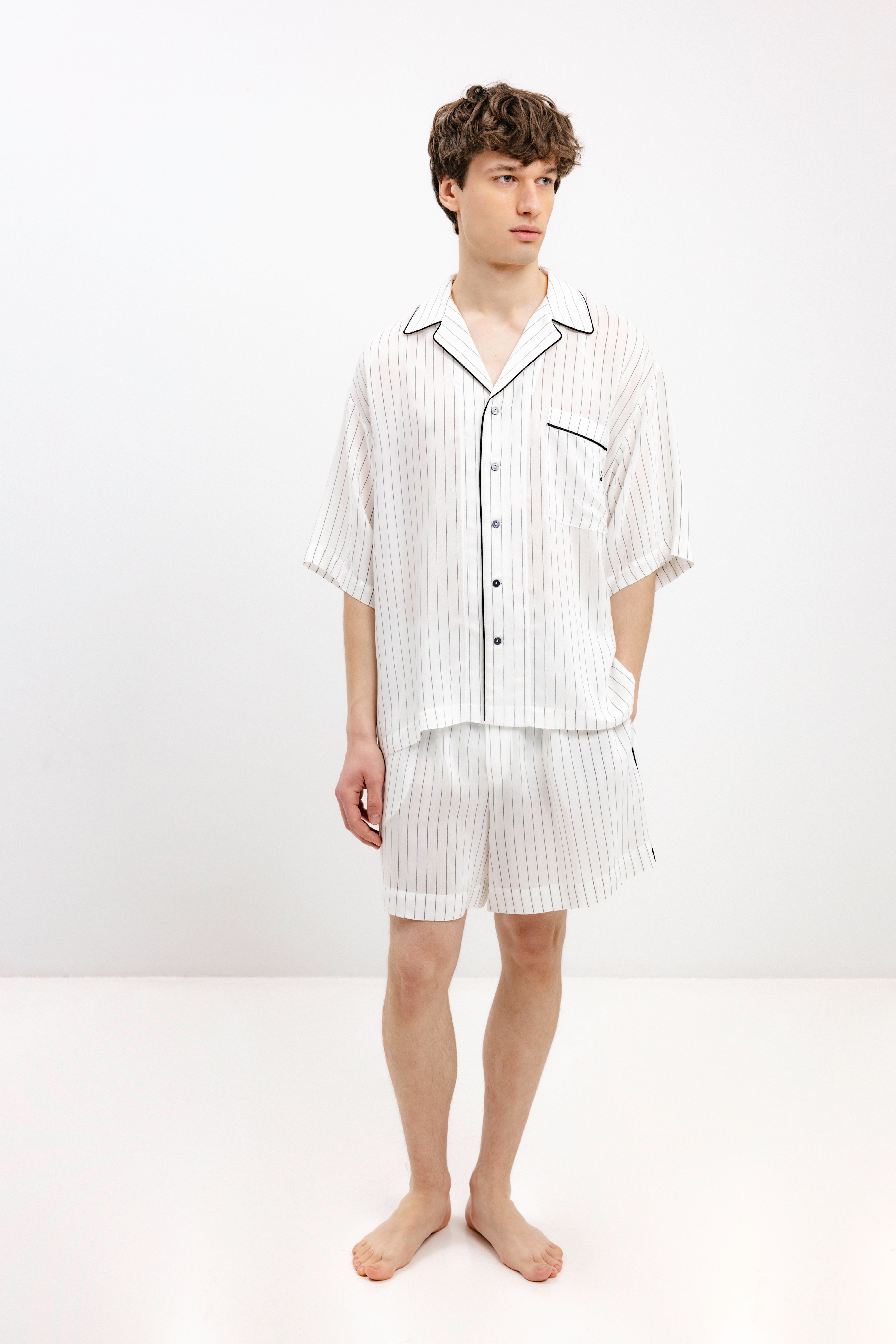 PYJAMA SHIRT WITH BLACK STRIPES AND SHORT SLEEVES - UNISEX