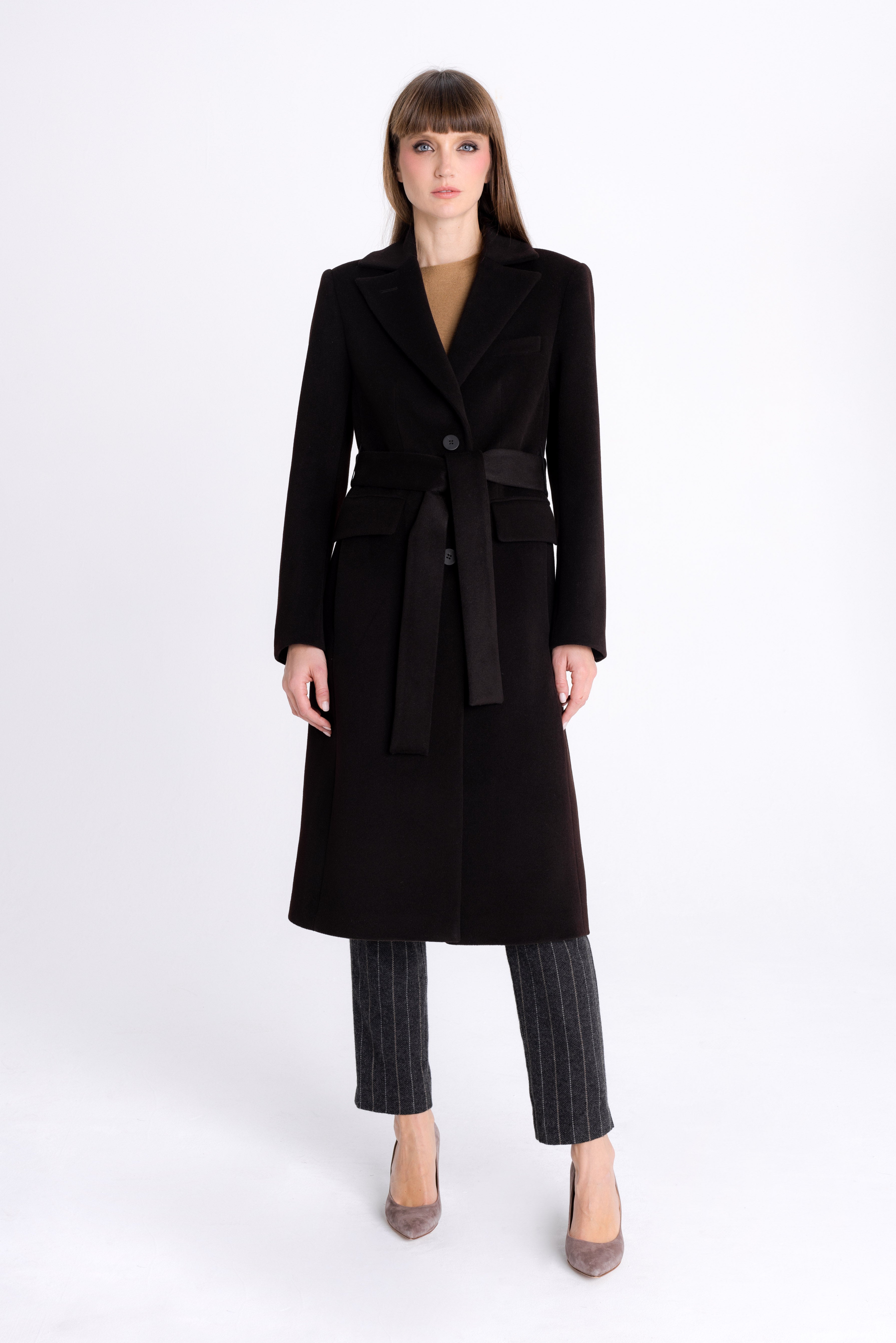 FITTED DARK BROWN COAT WITH ANGORA