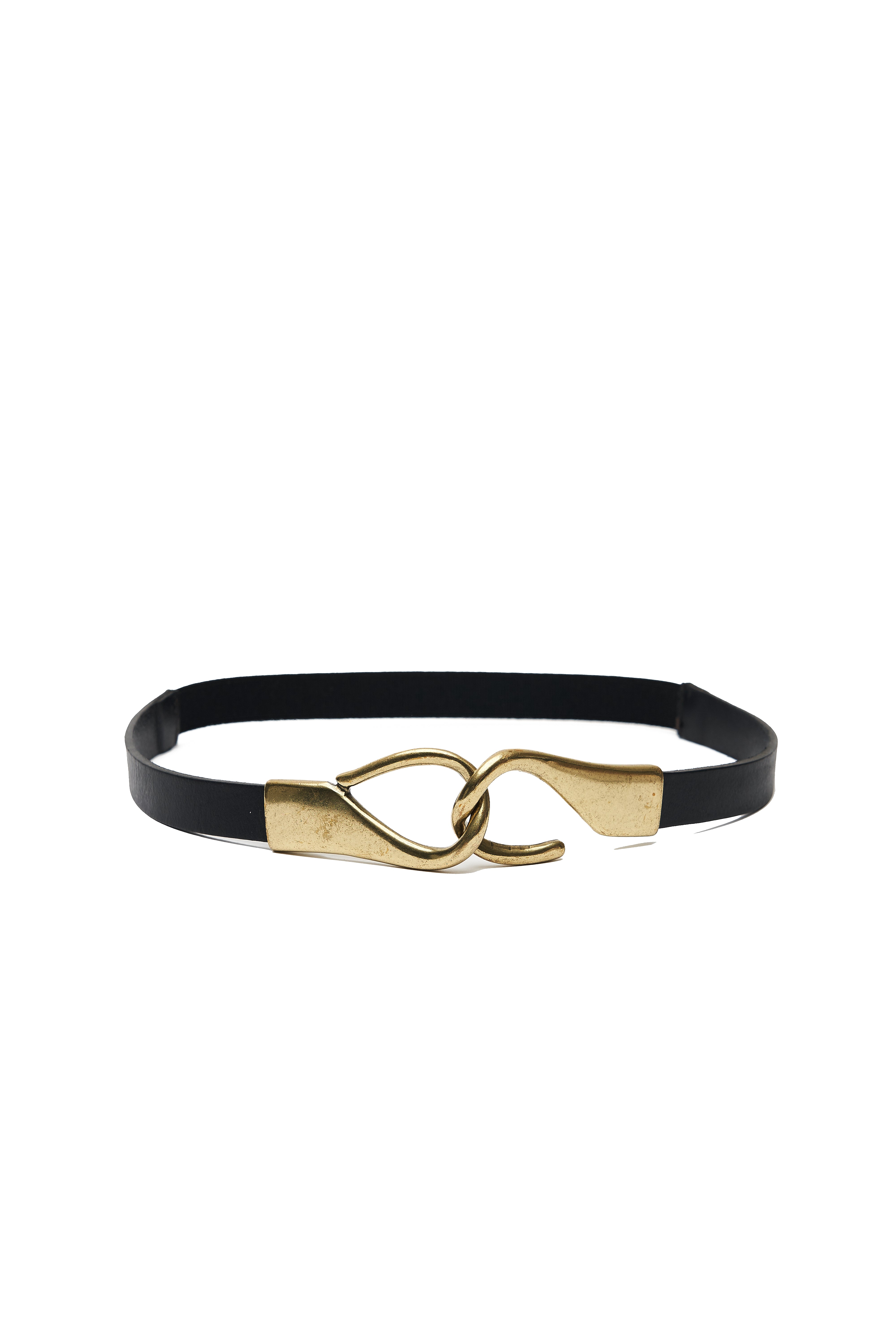 NARROW LEATHER BLACK BELT WITH GOLDEN BUCKLE