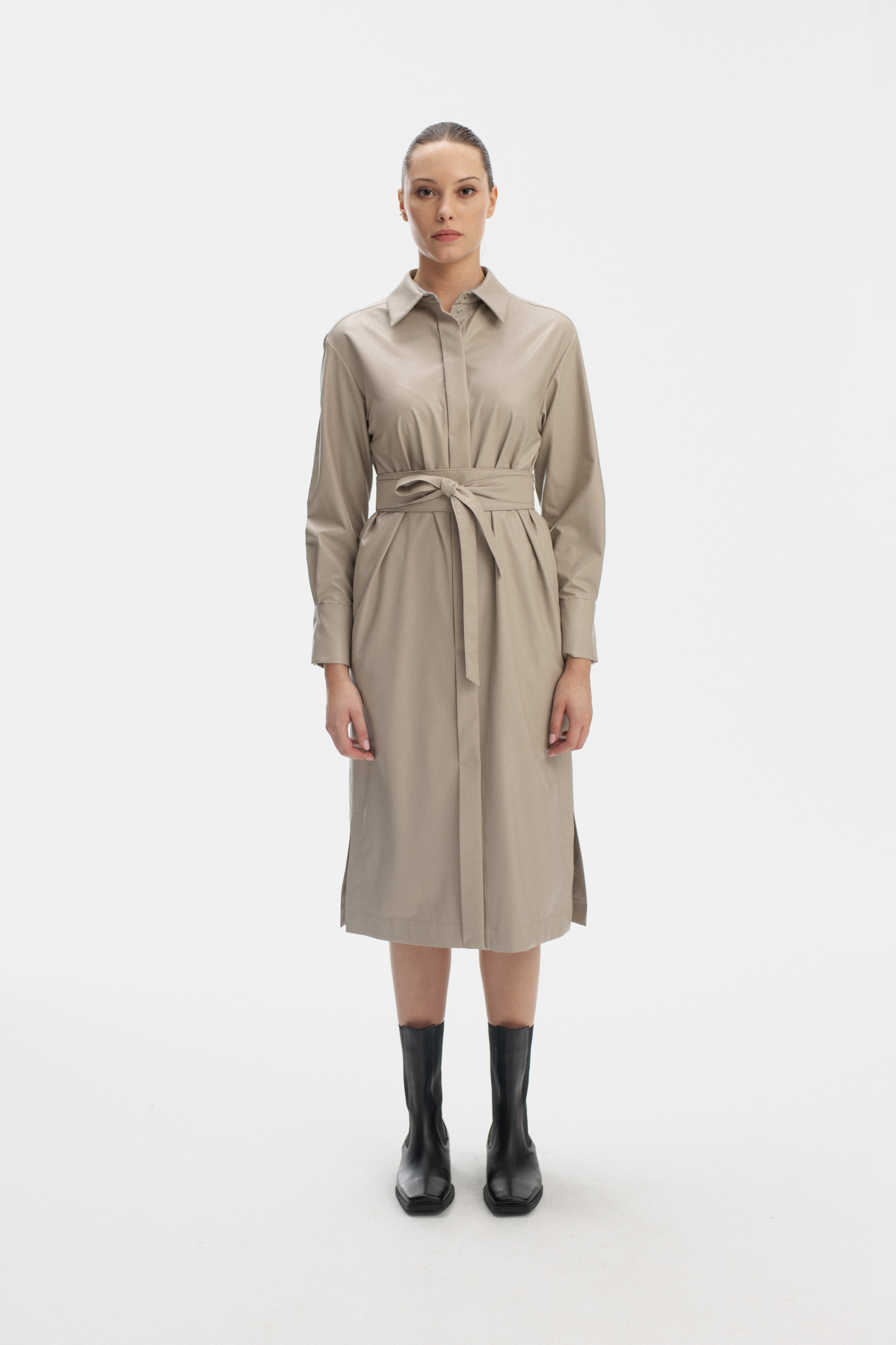 SAND-COLORED DRESS WITH LONG SLEEVE