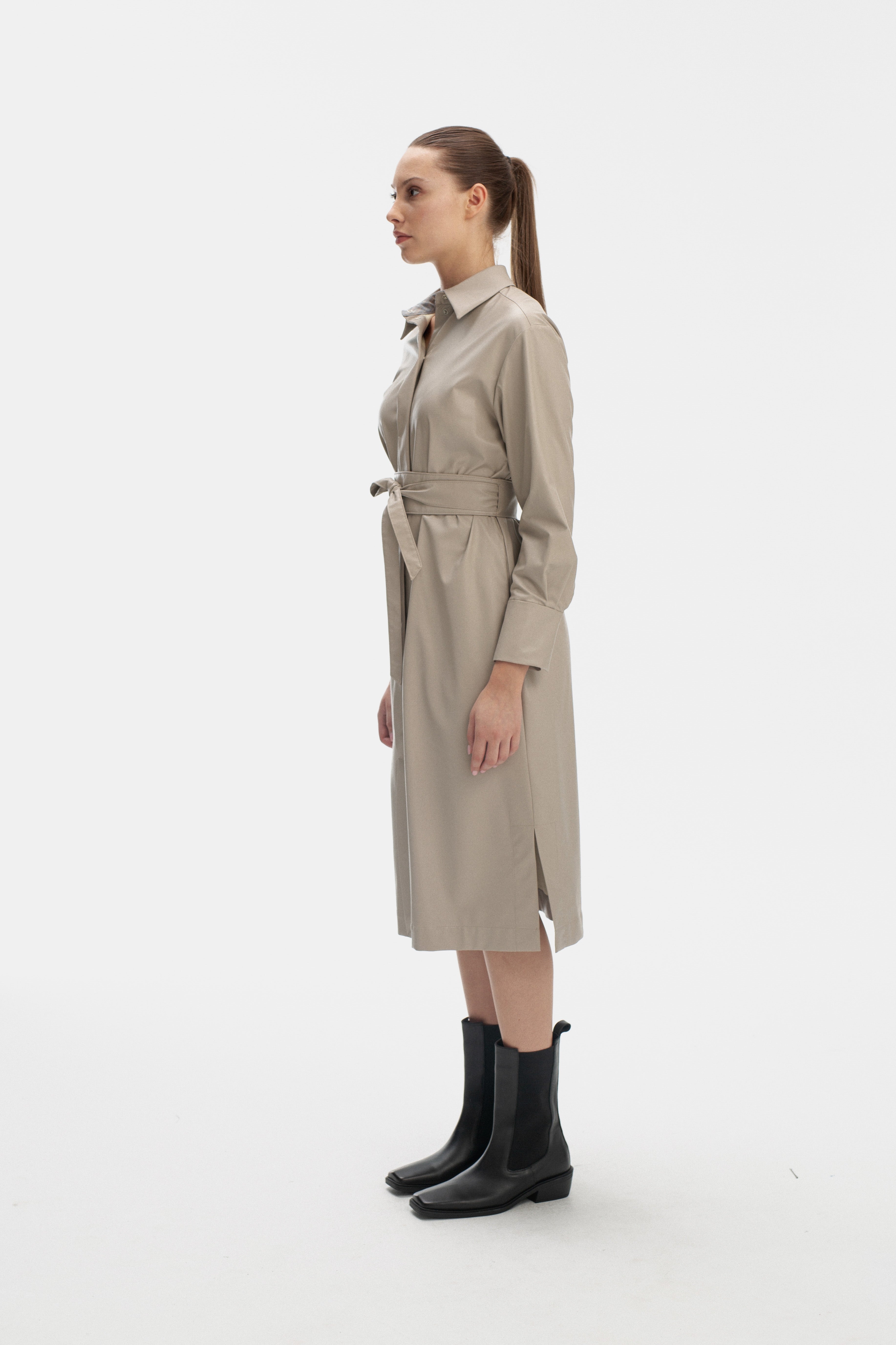SAND-COLORED DRESS WITH LONG SLEEVE