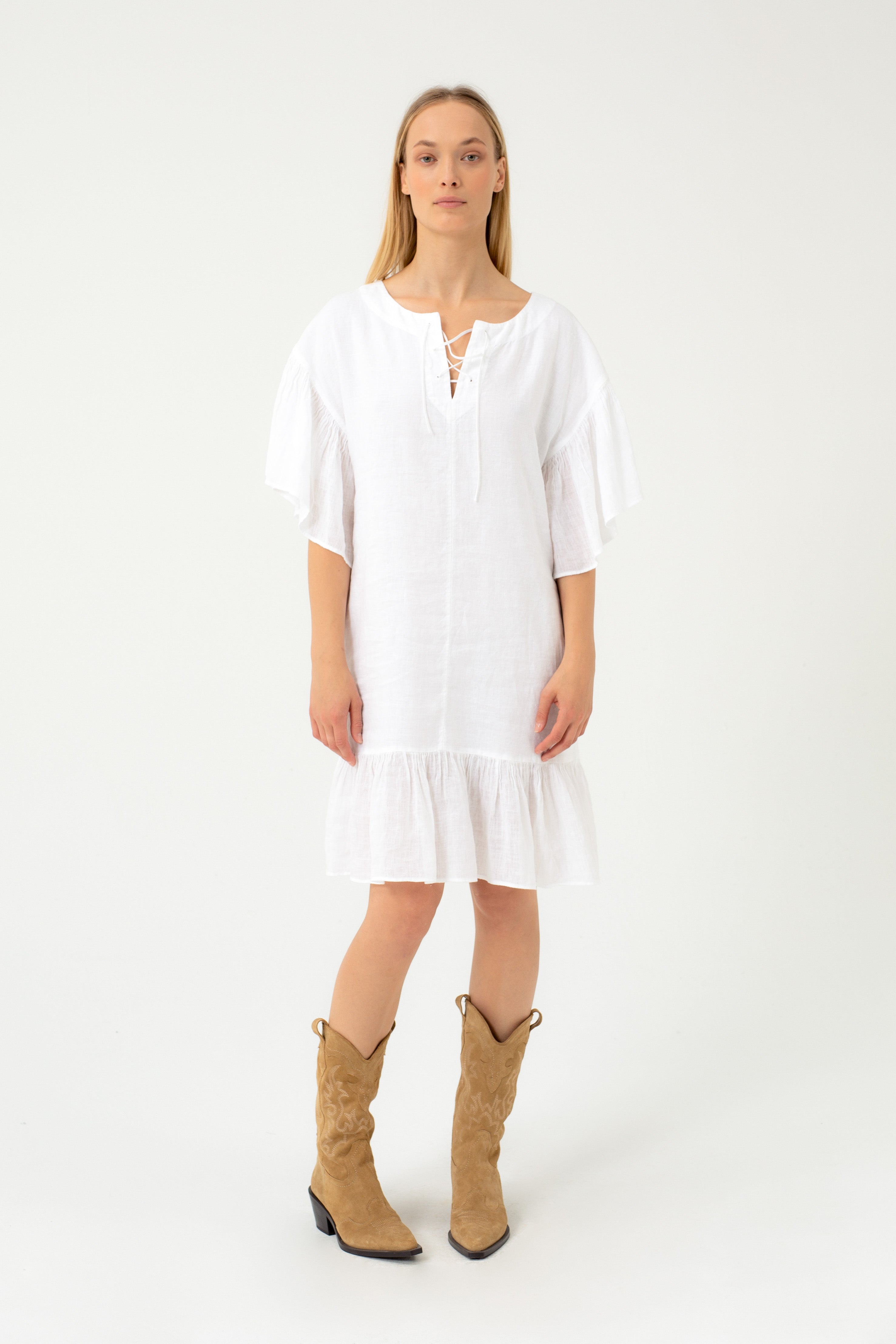 WHITE LINEN DRESS WITH RUFFLES