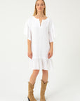 WHITE LINEN DRESS WITH RUFFLES