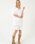 WHITE LINEN DRESS WITH RUFFLES