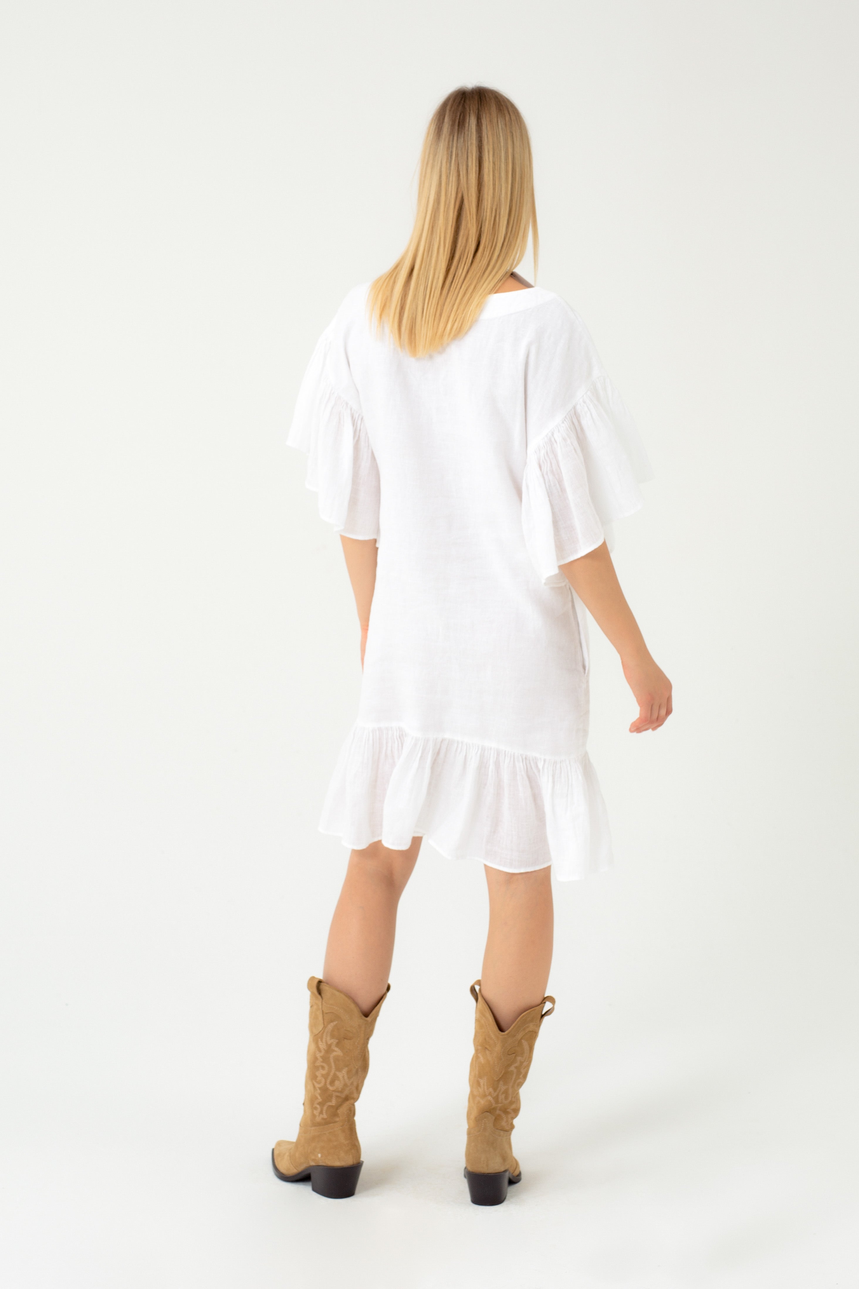 WHITE LINEN DRESS WITH RUFFLES