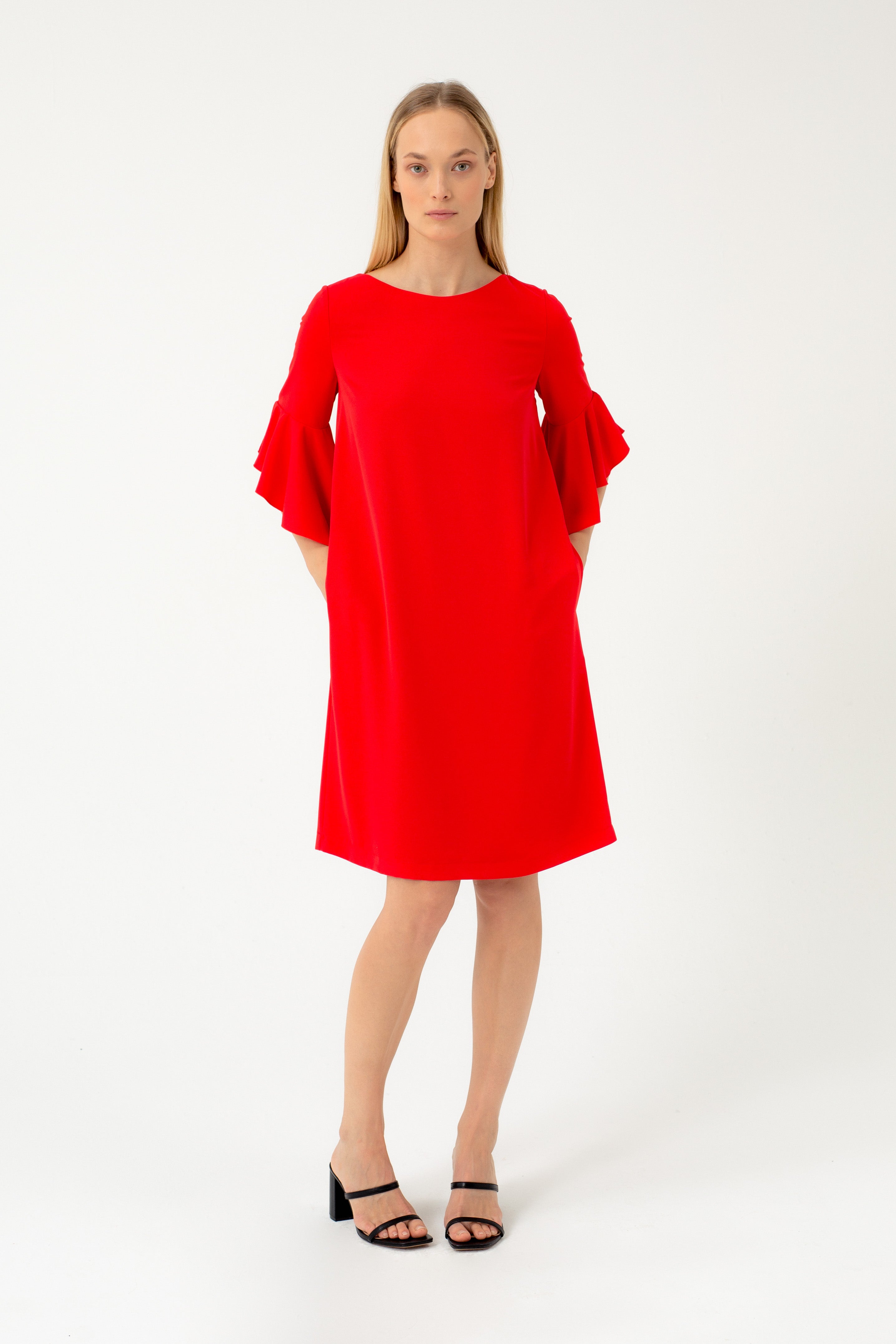 RED DRESS WITH RUFFLES ON THE SLEEVES