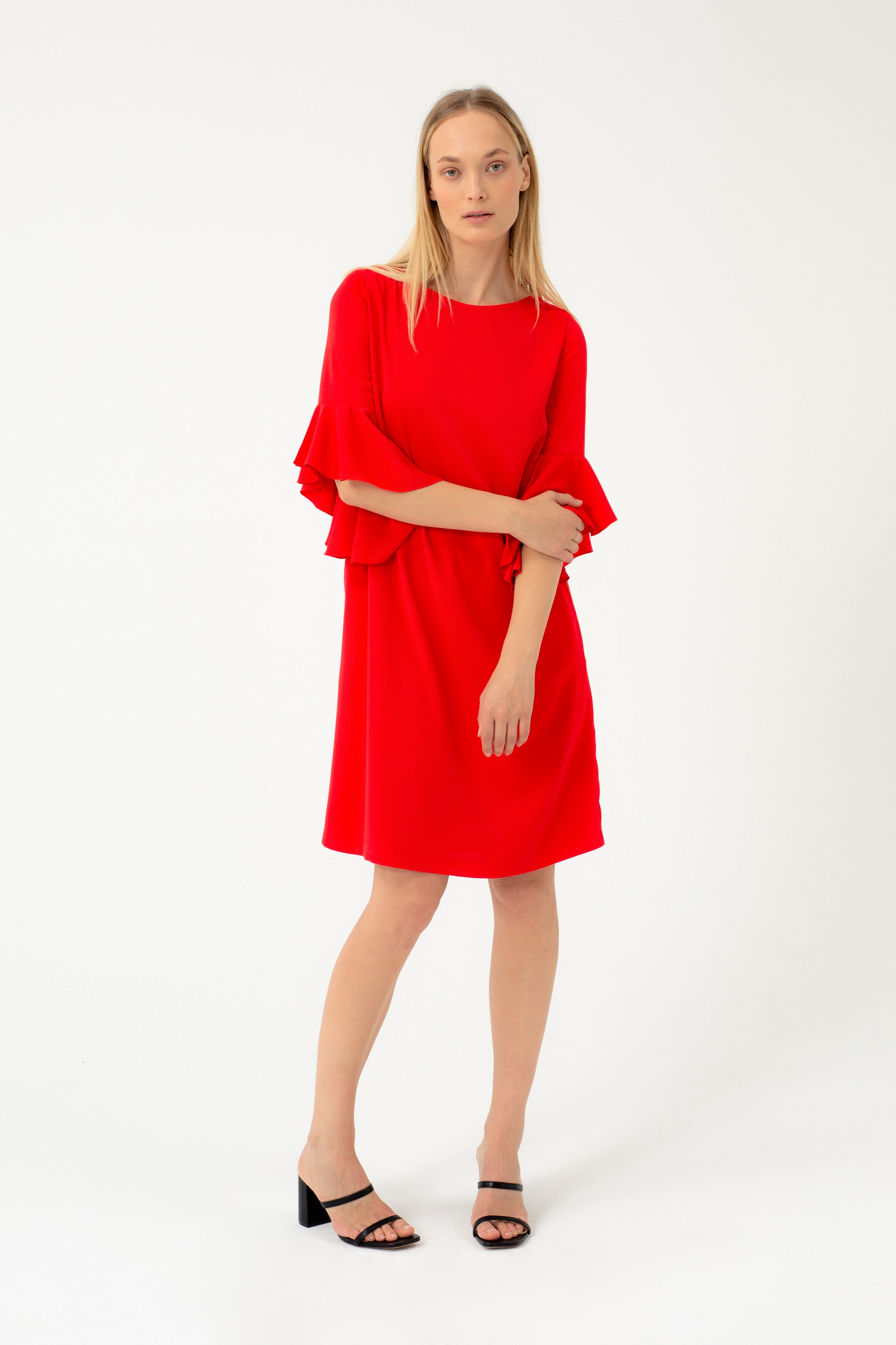 RED DRESS WITH RUFFLES ON THE SLEEVES