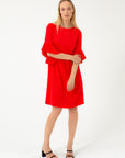 RED DRESS WITH RUFFLES ON THE SLEEVES