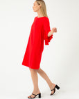 RED DRESS WITH RUFFLES ON THE SLEEVES