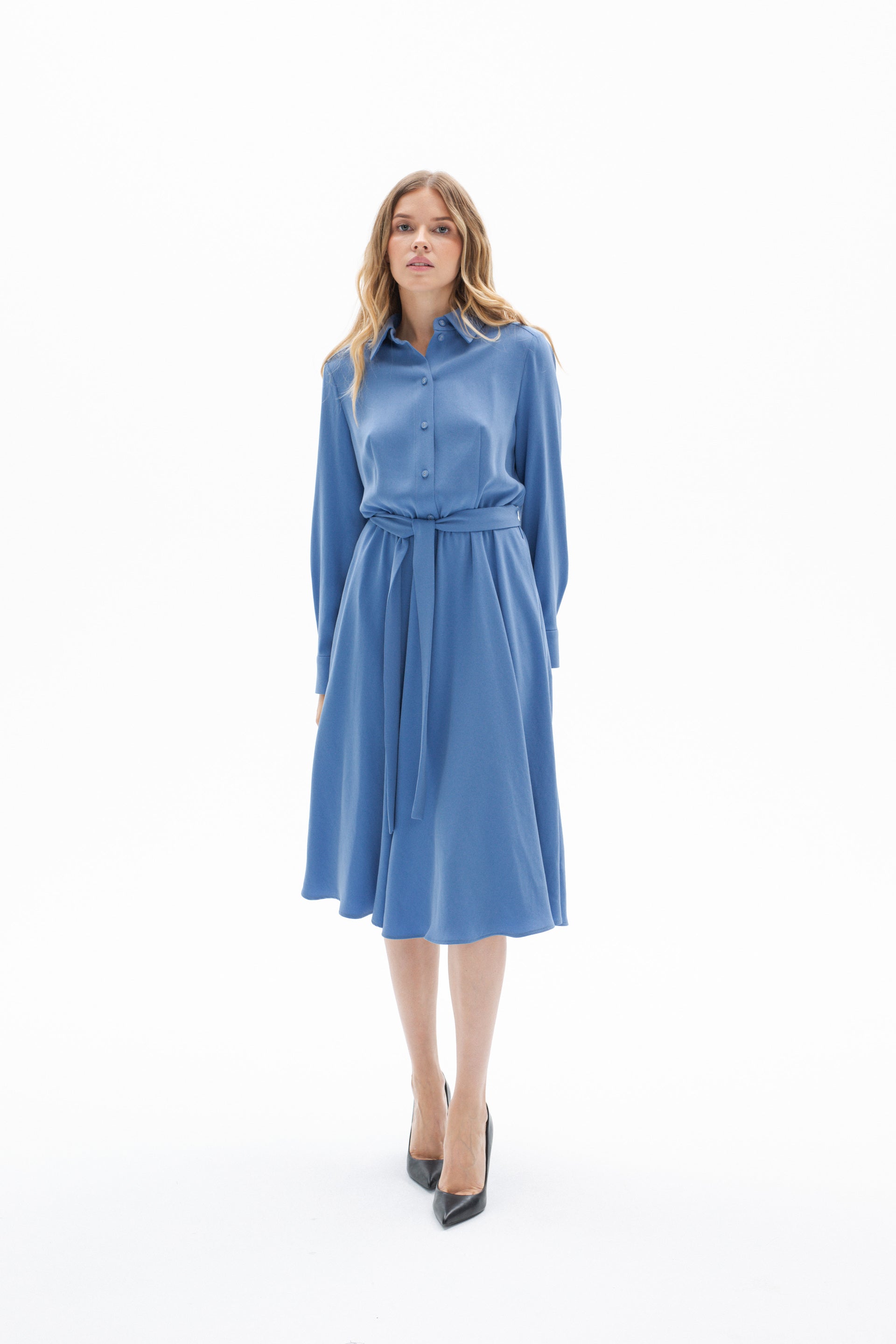 LONG SLEEVE BLUE DRESS WITH BELT
