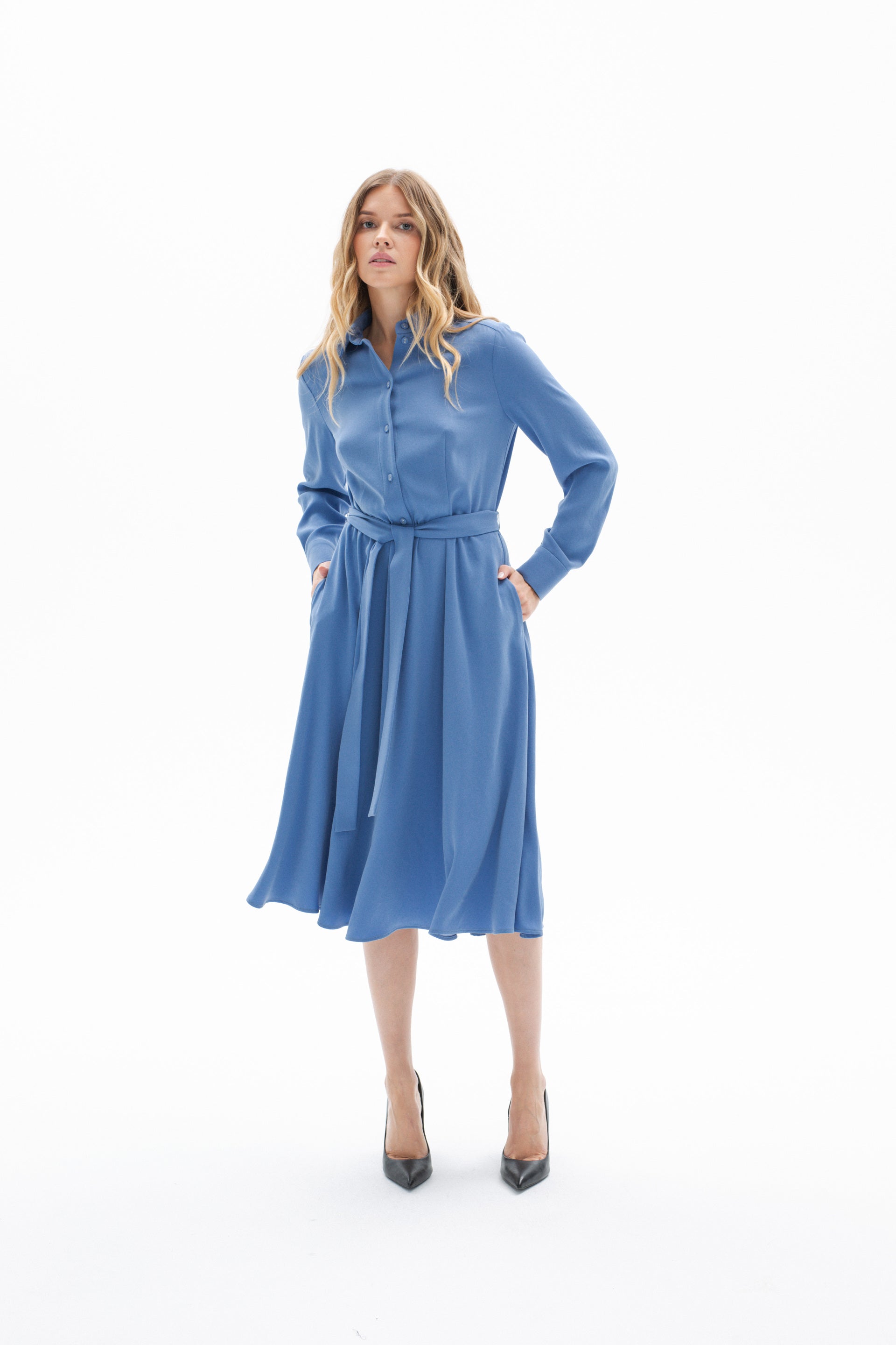 LONG SLEEVE BLUE DRESS WITH BELT