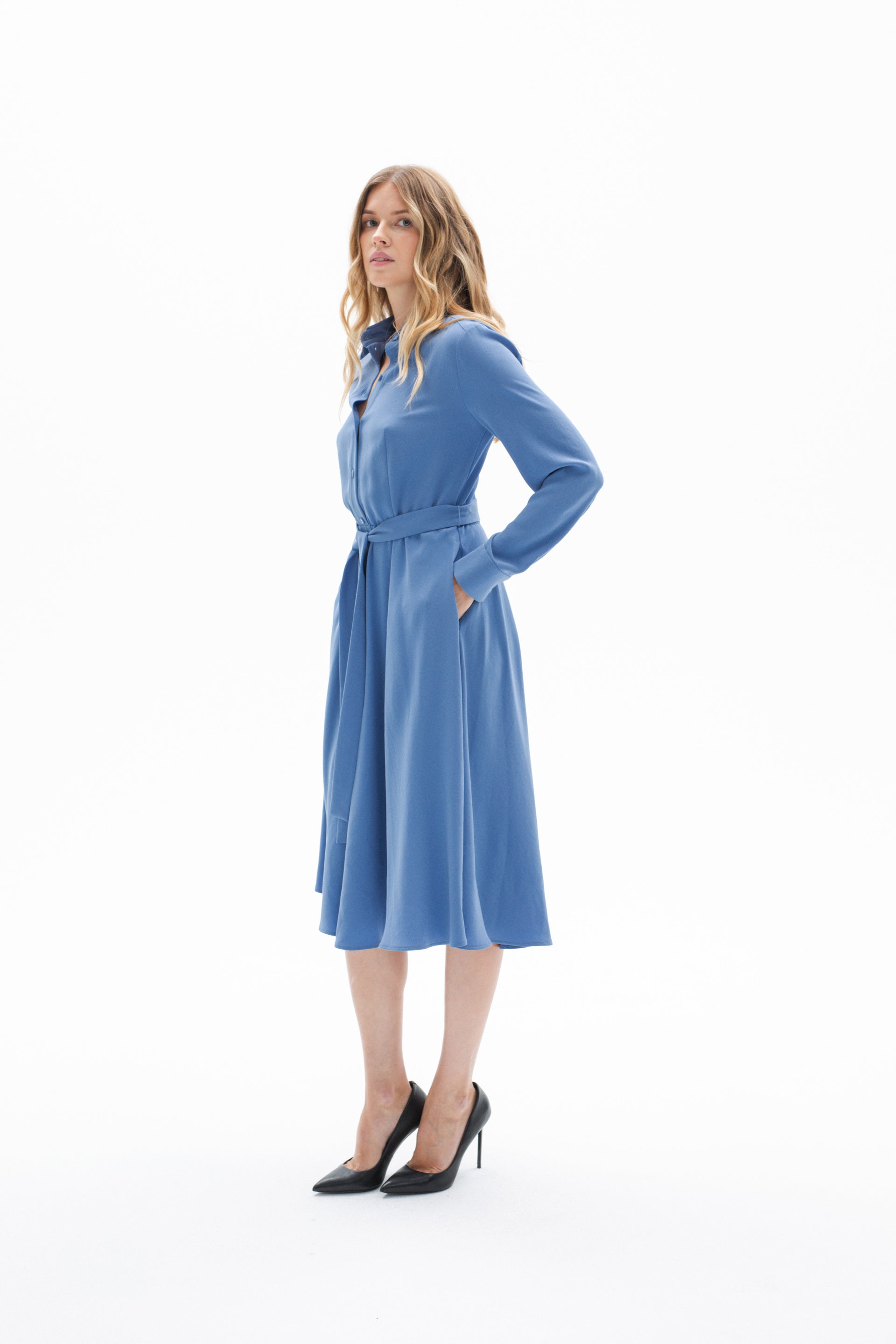 LONG SLEEVE BLUE DRESS WITH BELT