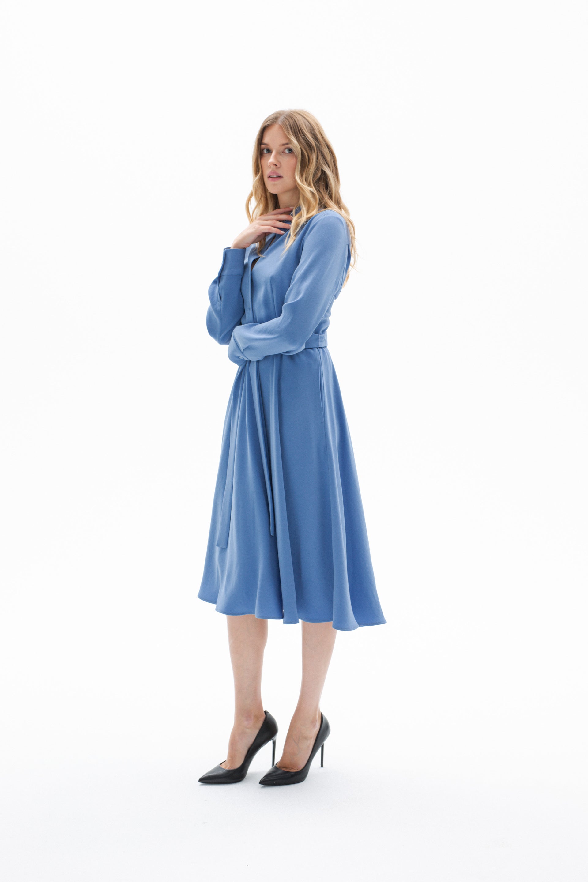LONG SLEEVE BLUE DRESS WITH BELT