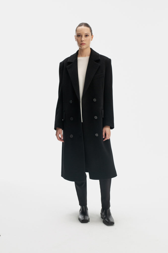 WOOL BLACK DOUBLE-BREASTED COAT