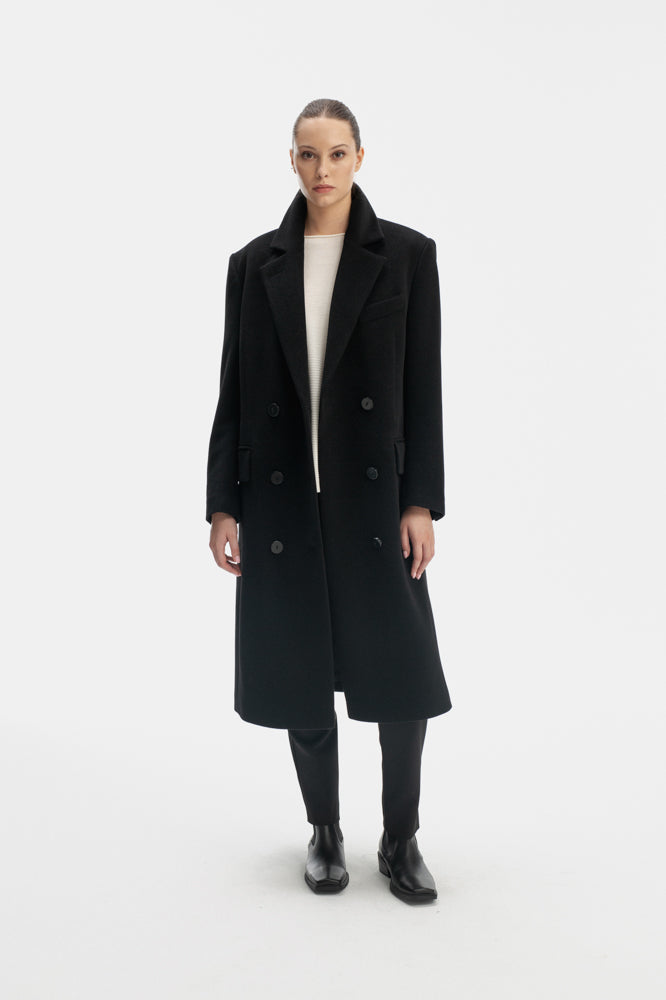 WOOL BLACK DOUBLE-BREASTED COAT