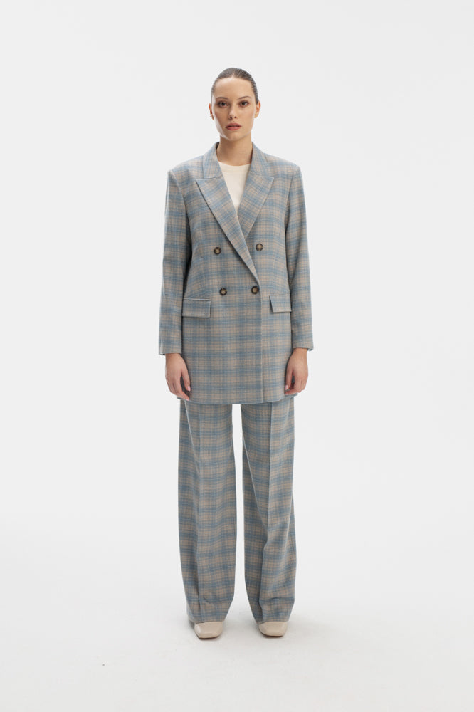 SKY BLUE DOUBLE-BRESTED JACKET IN CHECKS
