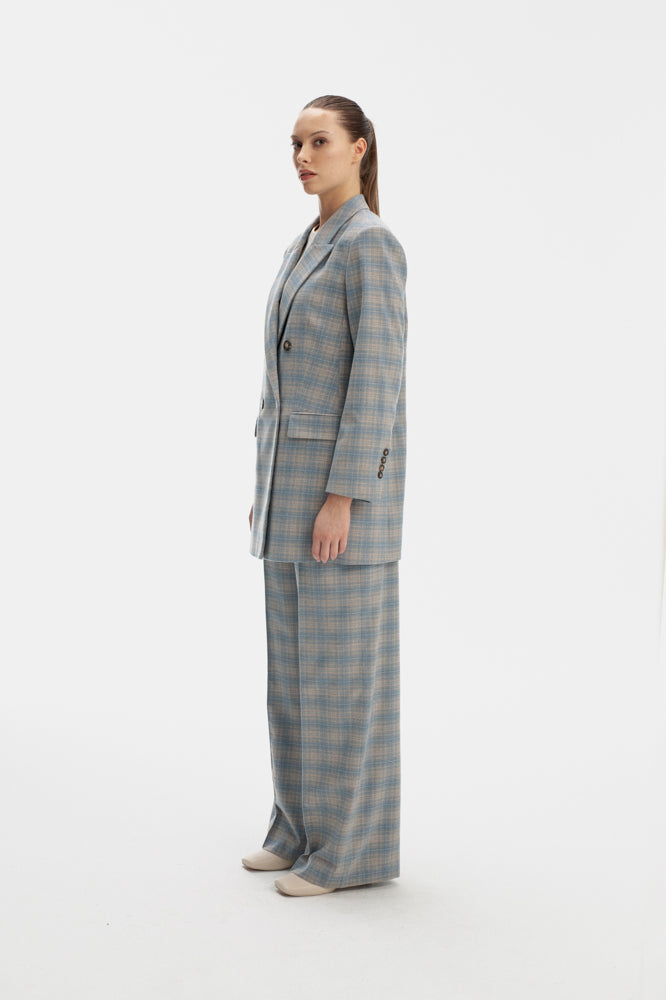 SKY BLUE DOUBLE-BRESTED JACKET IN CHECKS