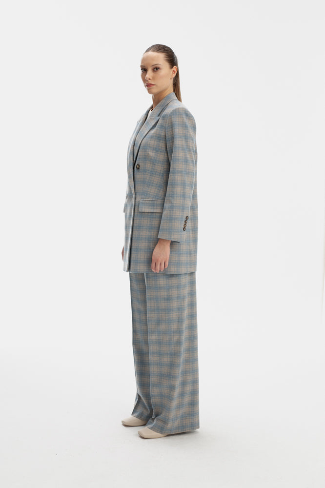 SKY BLUE DOUBLE-BRESTED JACKET IN CHECKS