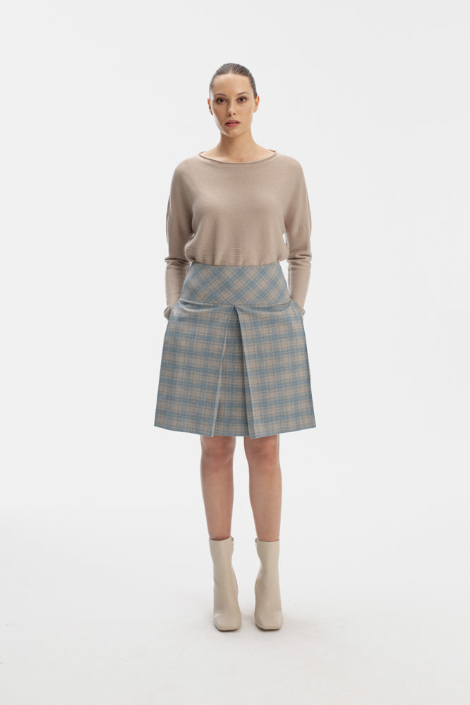 ABOVE-THE-KNEE LENGTH SKY BLUE SKIRT IN CHECKS