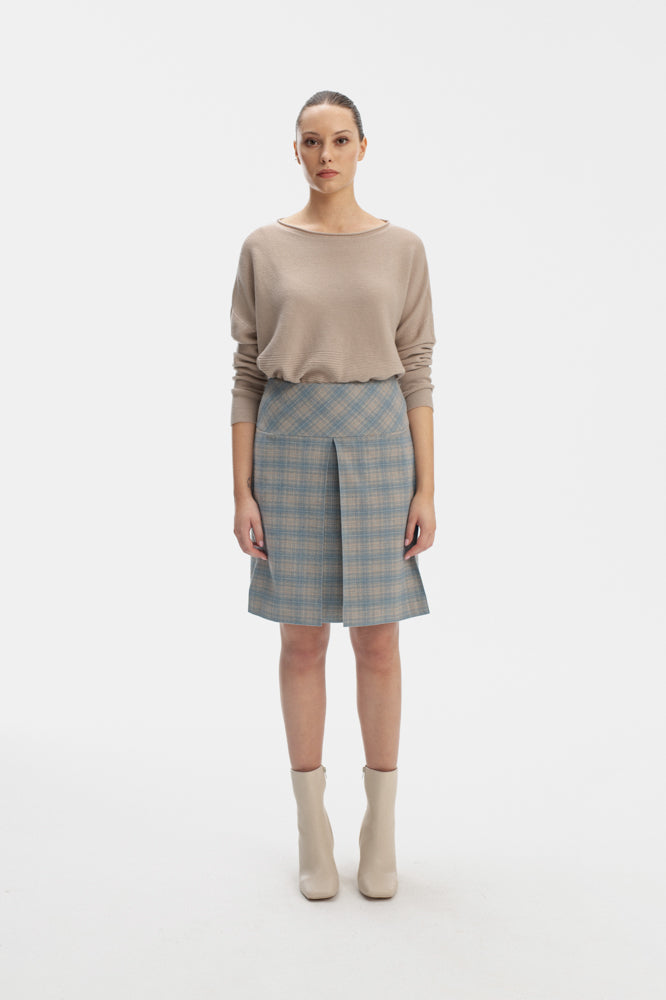 ABOVE-THE-KNEE LENGTH SKY BLUE SKIRT IN CHECKS