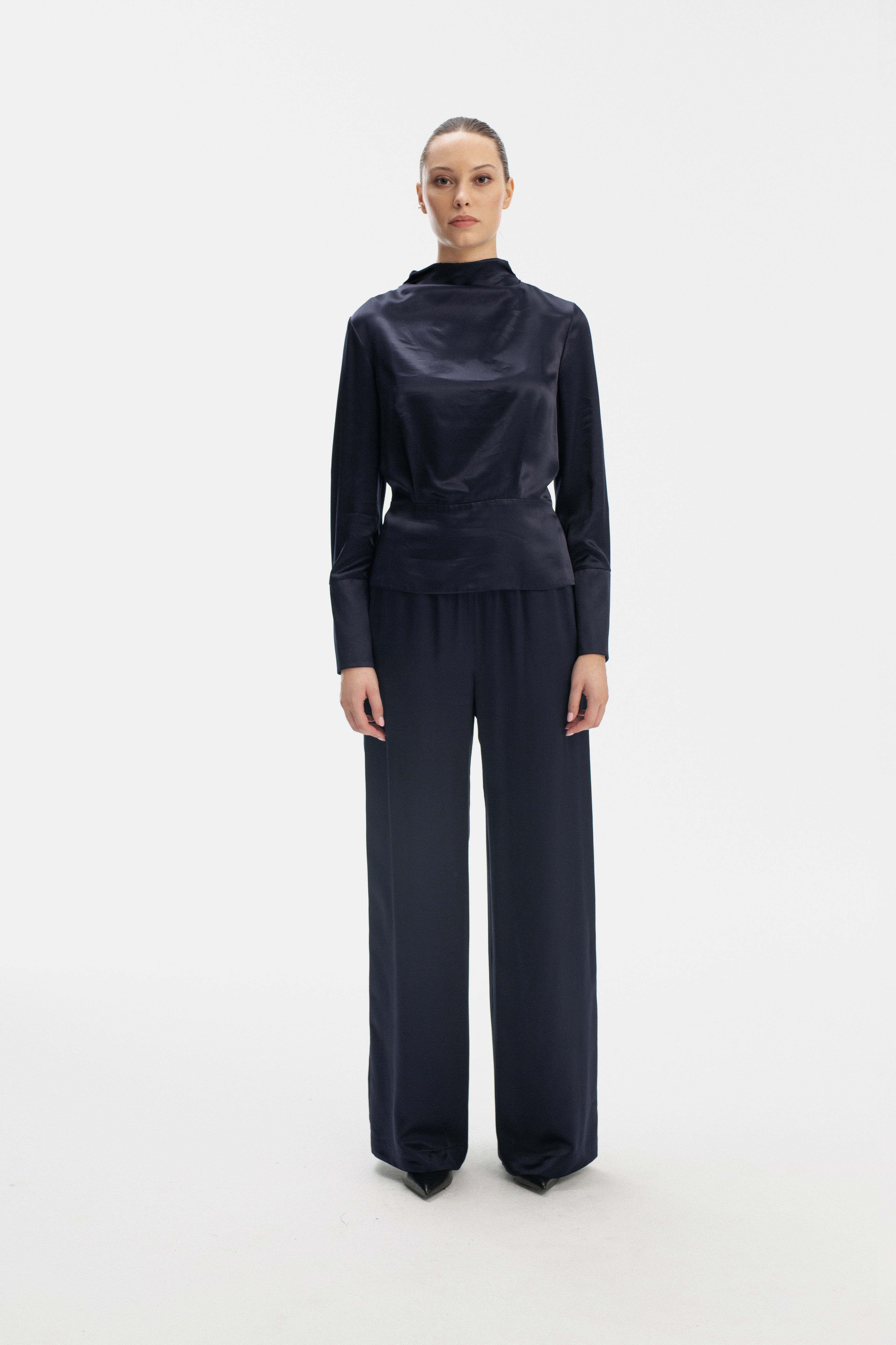 BLUE WIDE-LEG TROUSERS WITH ELASTIC WAIST