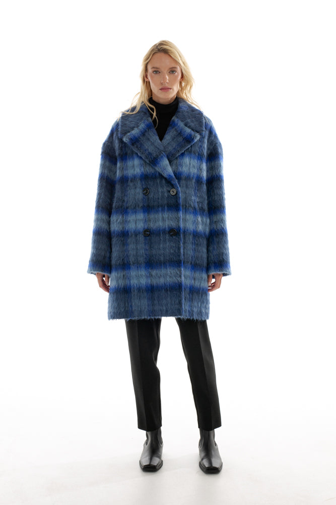 OVERSIZED BLUE CHECKED COAT WITH MEIDA