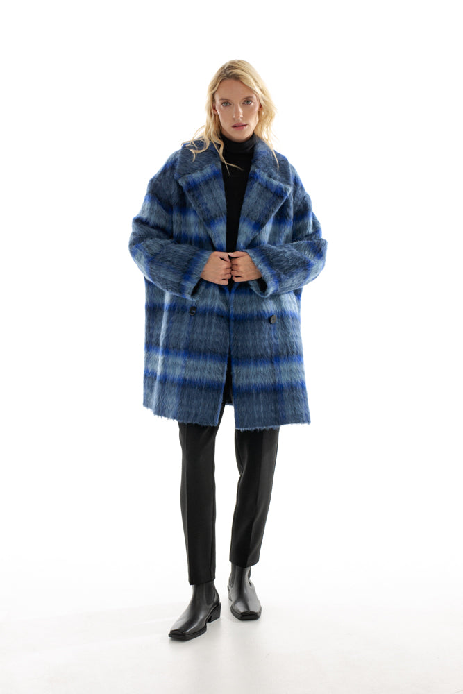 OVERSIZED BLUE CHECKED COAT WITH MEIDA