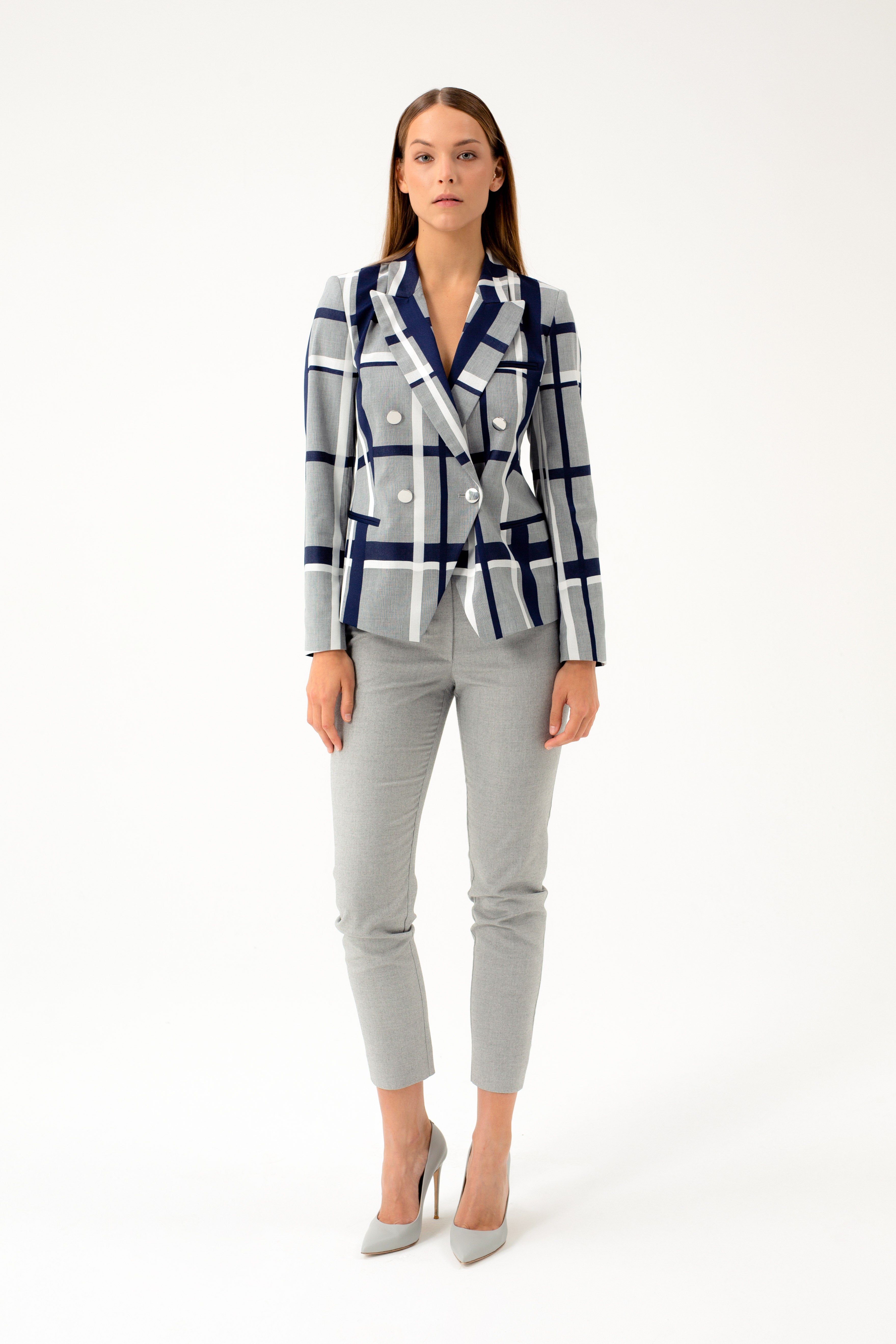 BLUE SHADE CHECKED DOUBLE-BREASTED JACKET