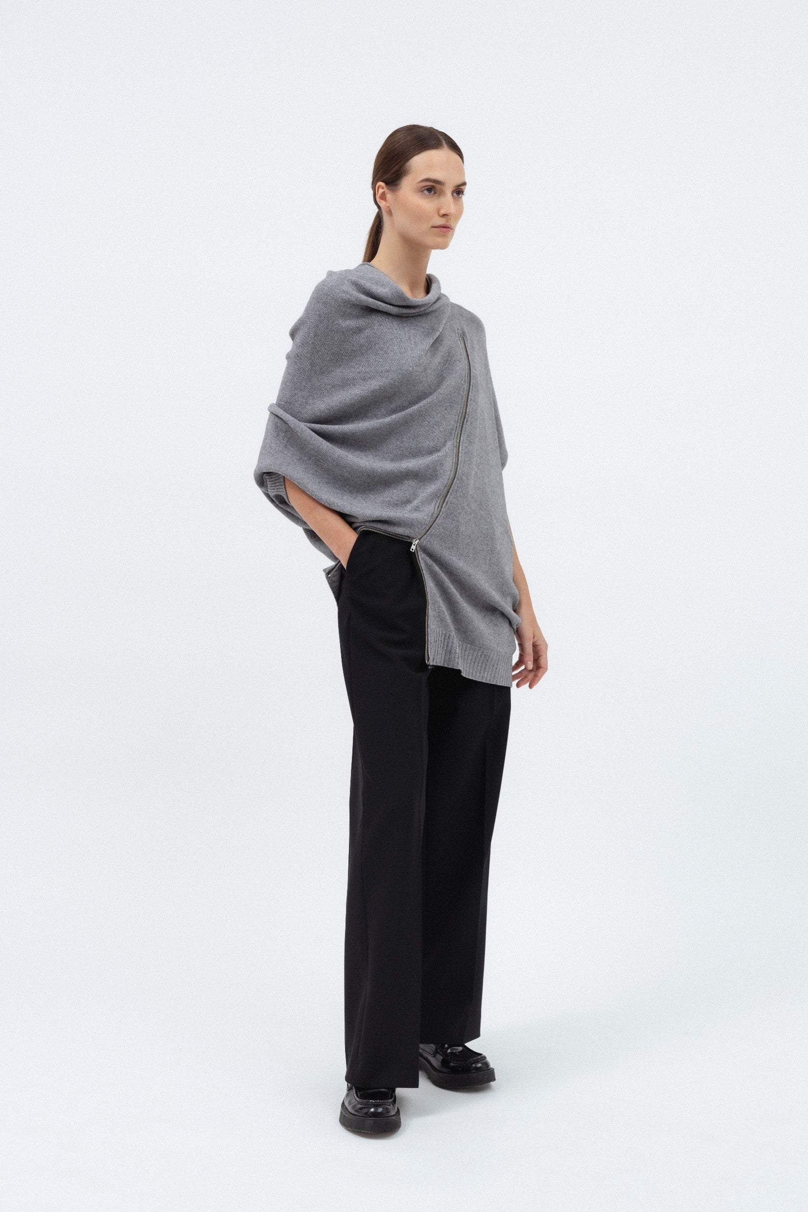 GREY MERINO WOOL SWEATER WITH ZIP DETAIL