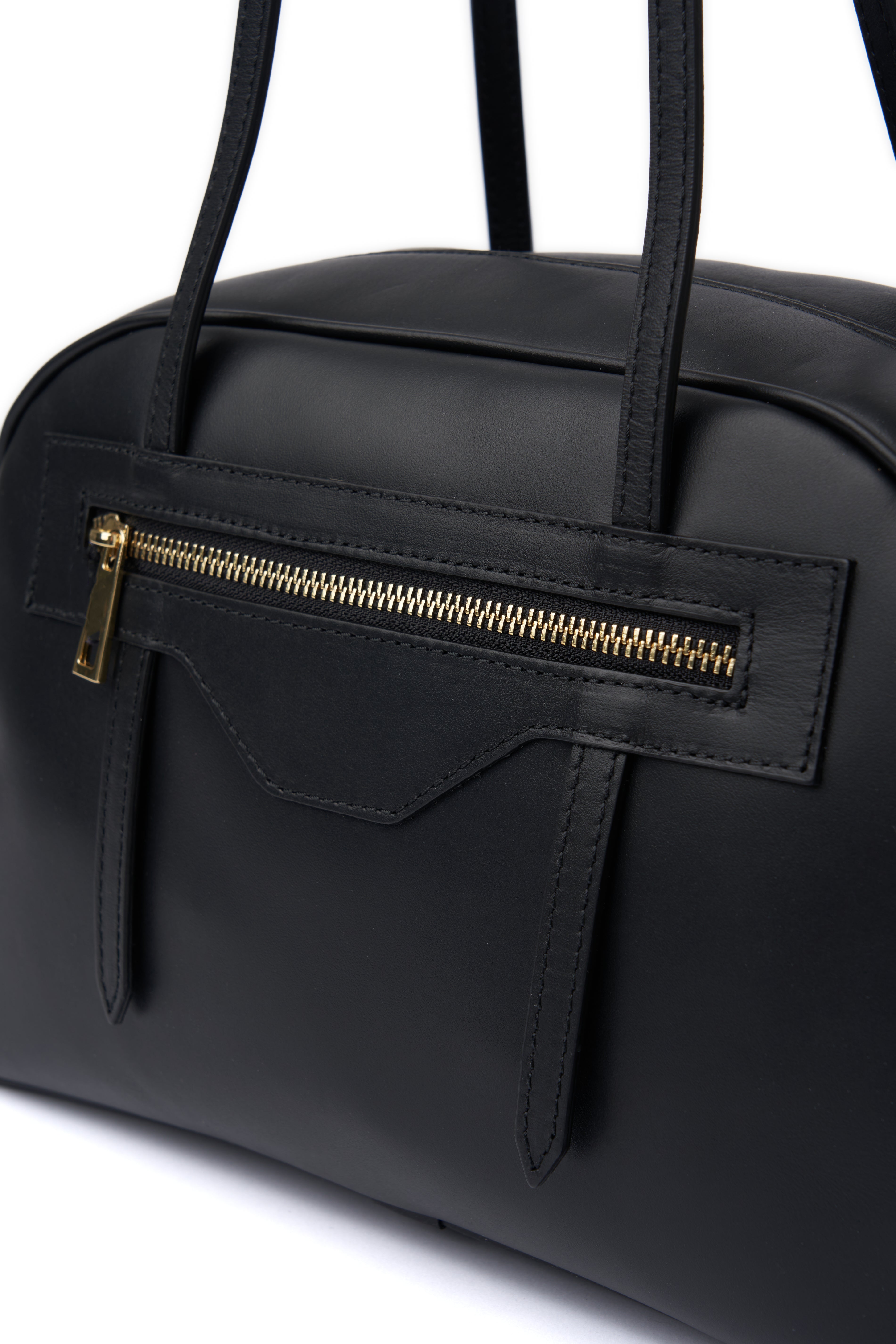 LEATHER BLACK HANDBAG WITH LONG HANDLES