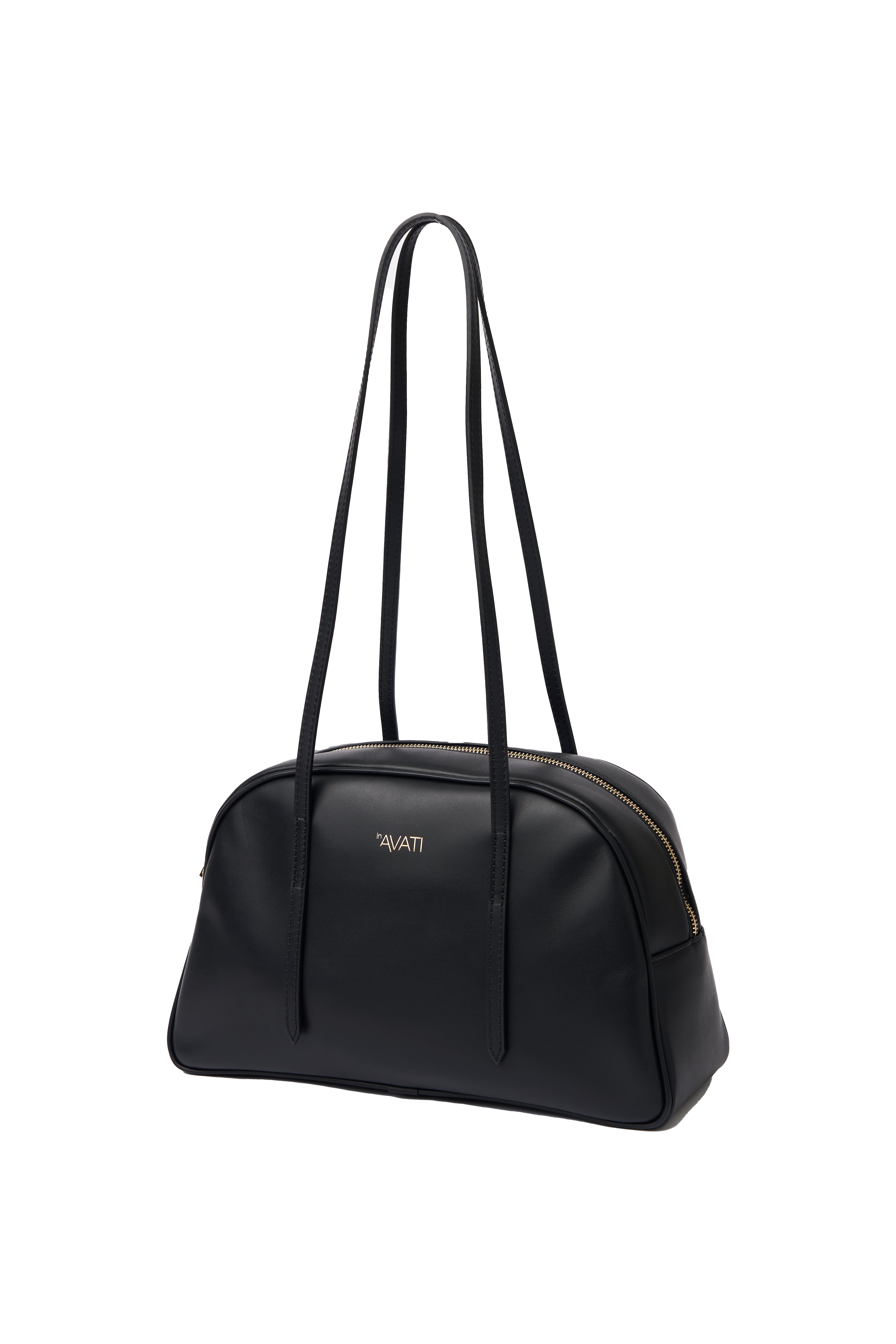 LEATHER BLACK HANDBAG WITH LONG HANDLES