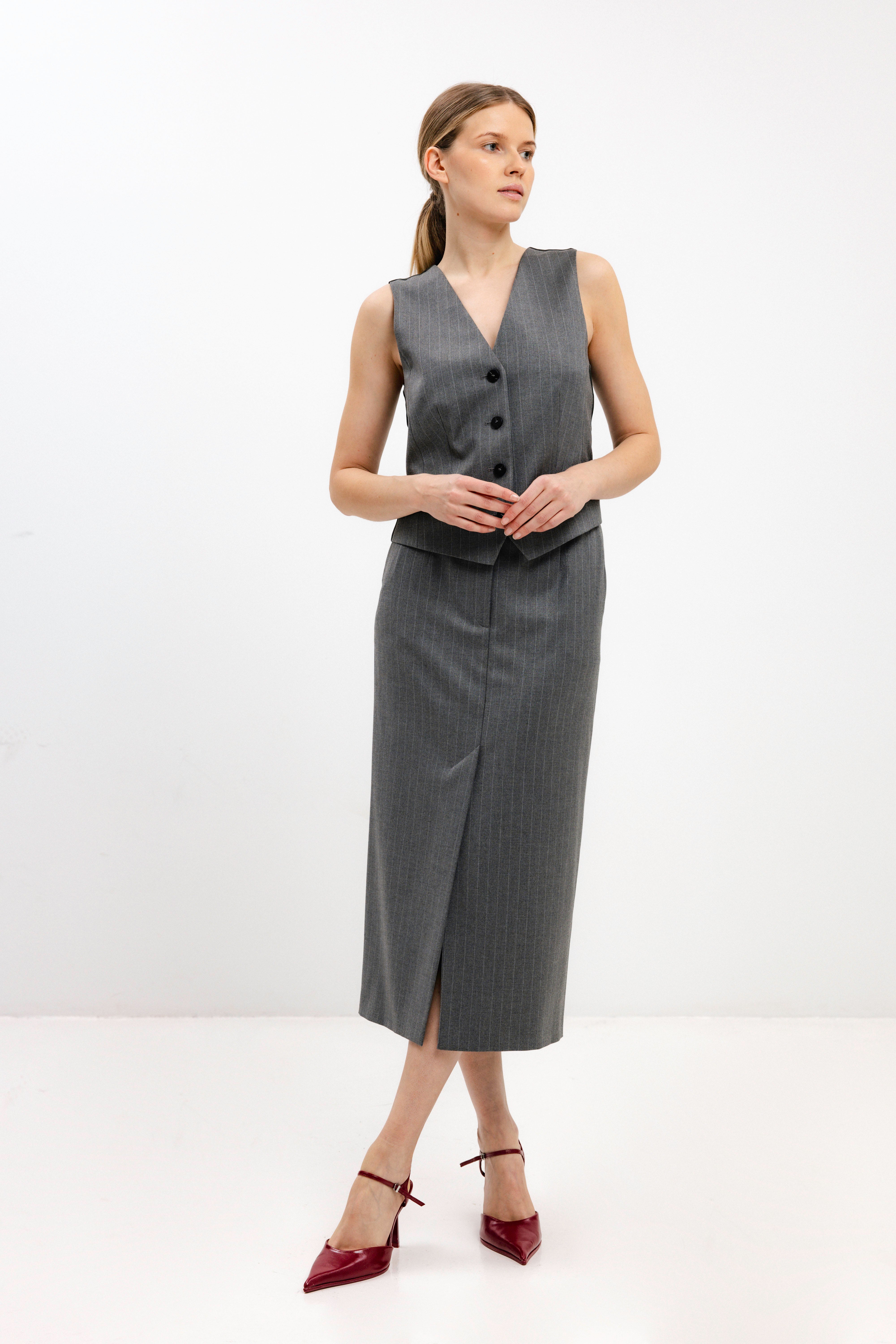 GREY STRIPED STRAIGHT-CUT MIDI SKIRT