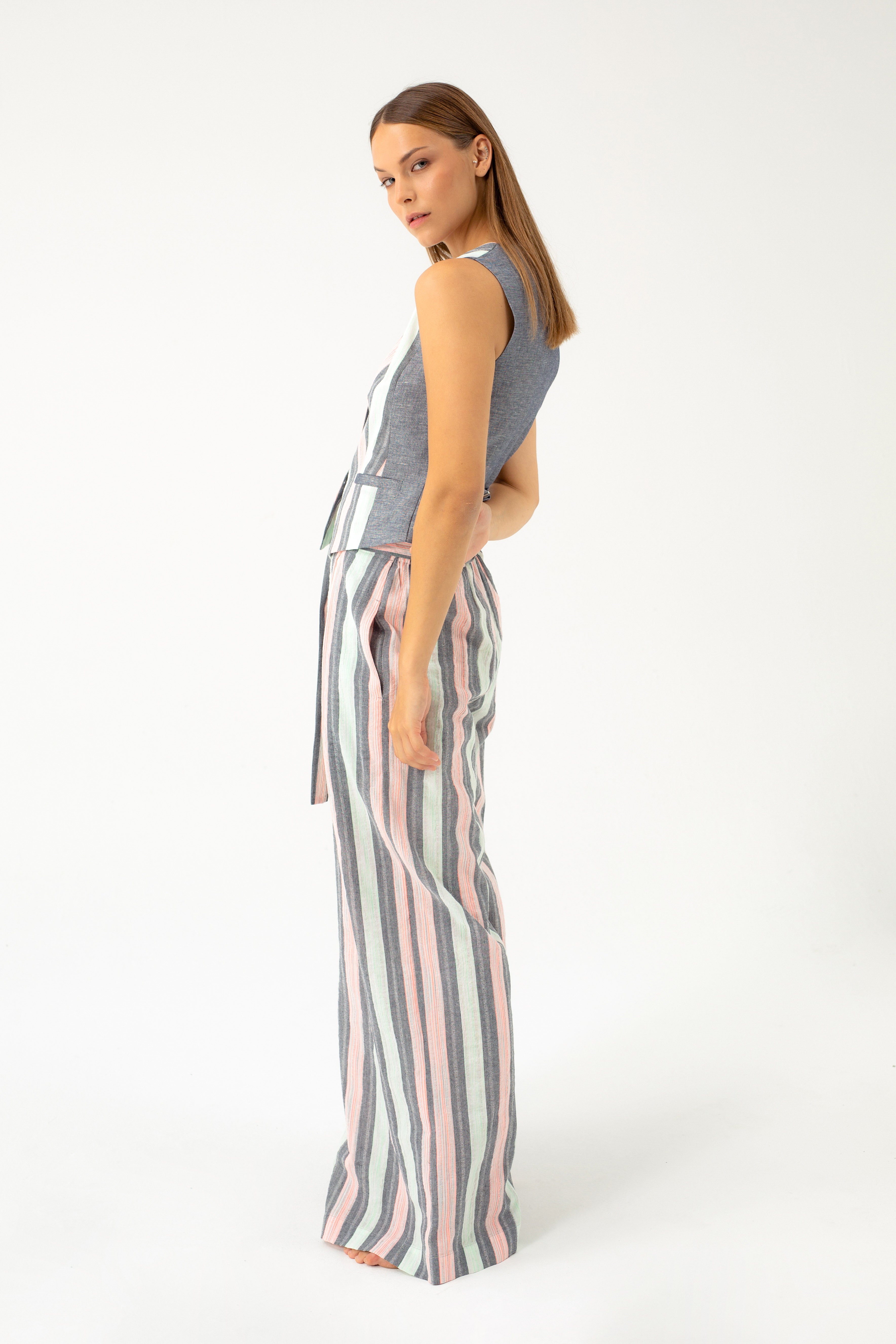 WIDE-LEG STRIPED TROUSERS WITH LINEN