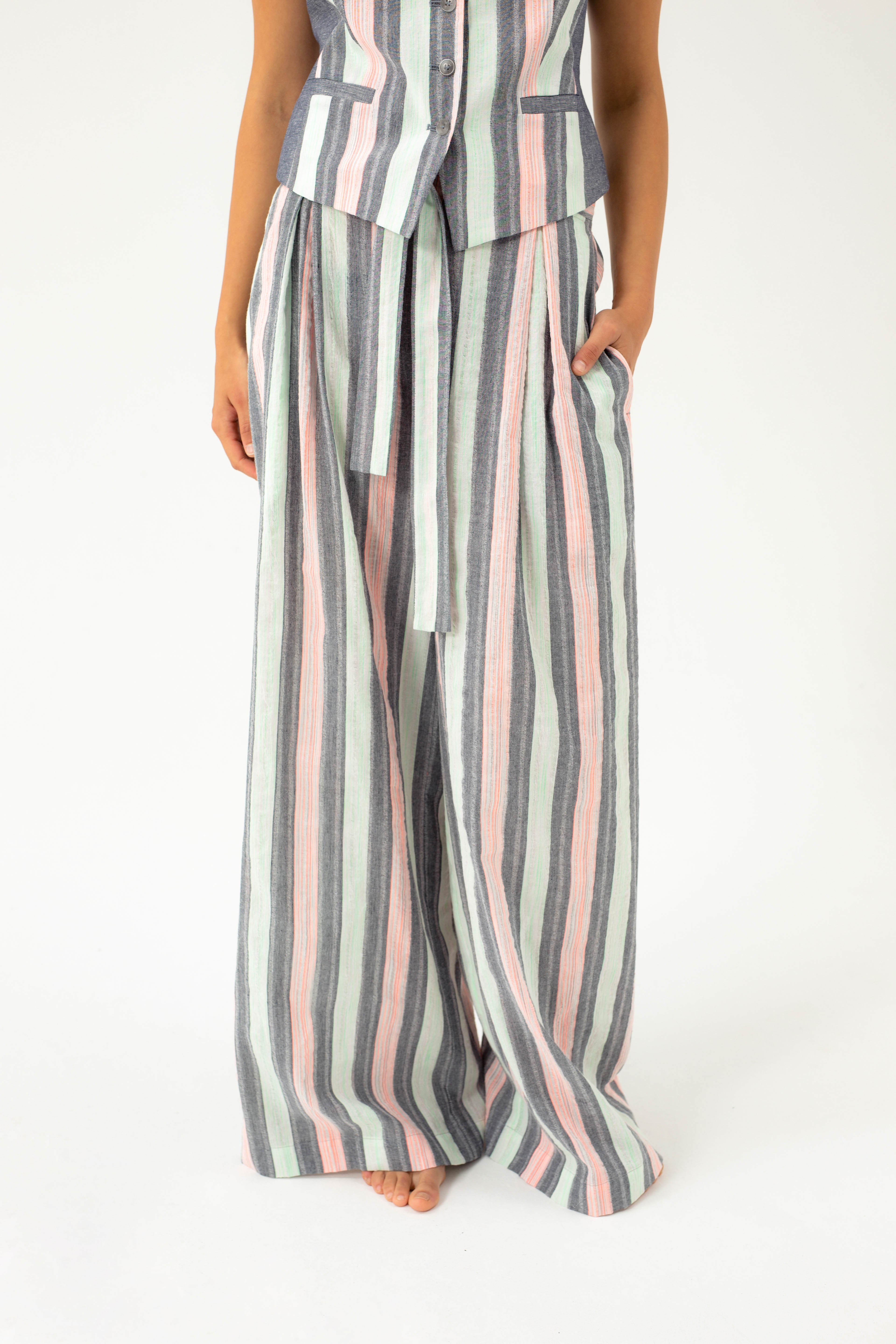 WIDE-LEG STRIPED TROUSERS WITH LINEN