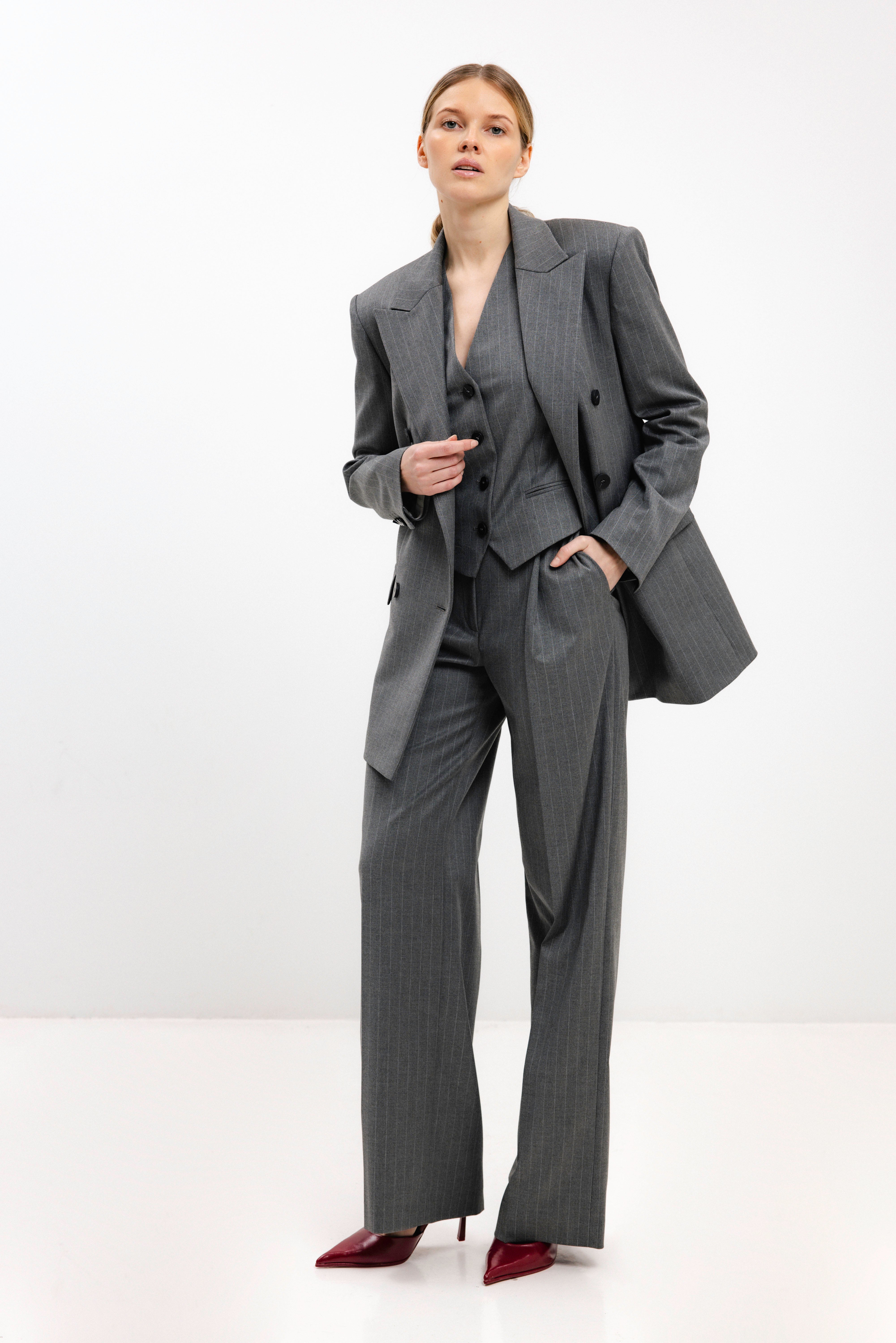 GREY STRIPED STRAIGHT-CUT TROUSERS