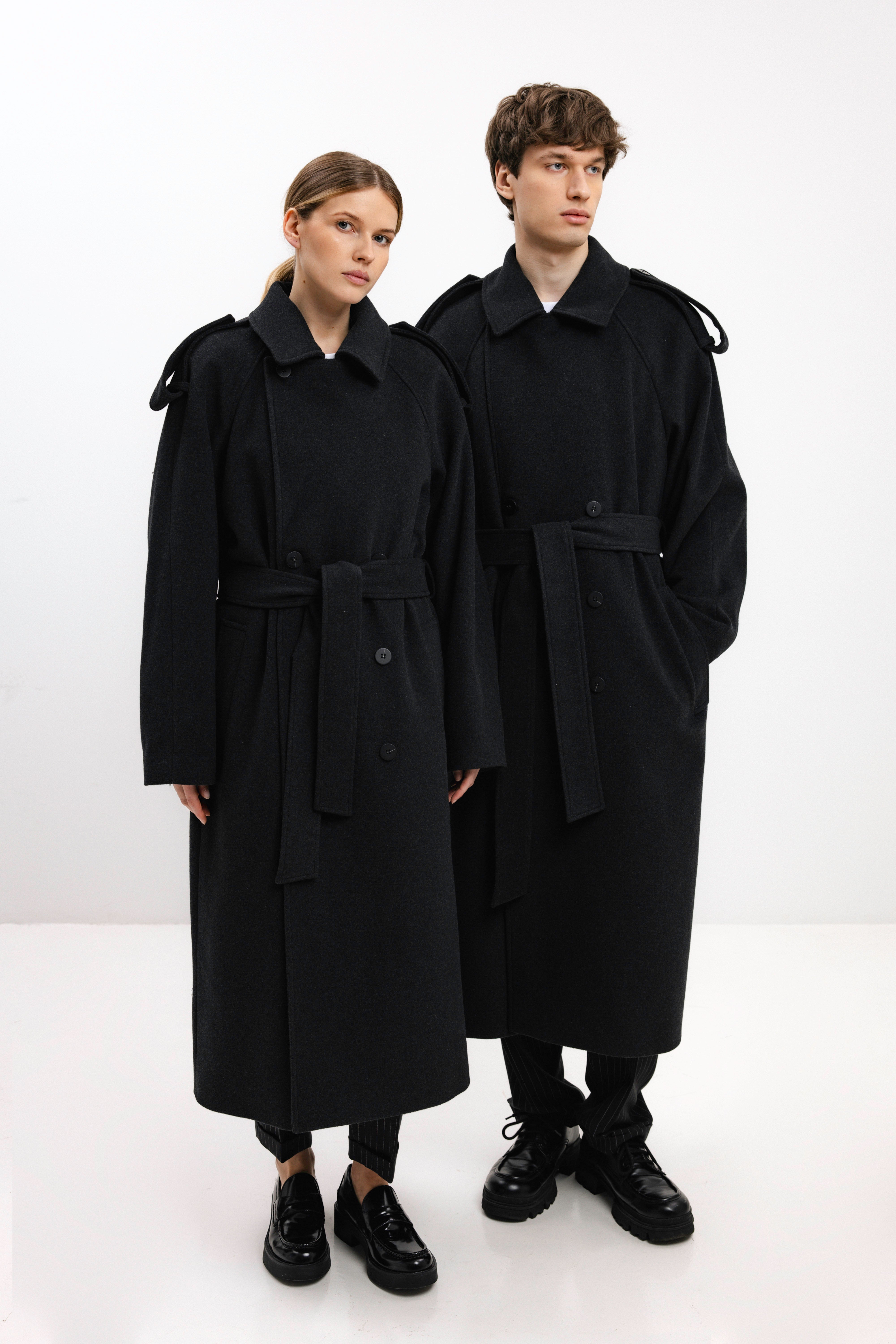 UNISEX ILGAS ANTRACITO SPALVOS DVIEILIS PALTAS SU VILNA