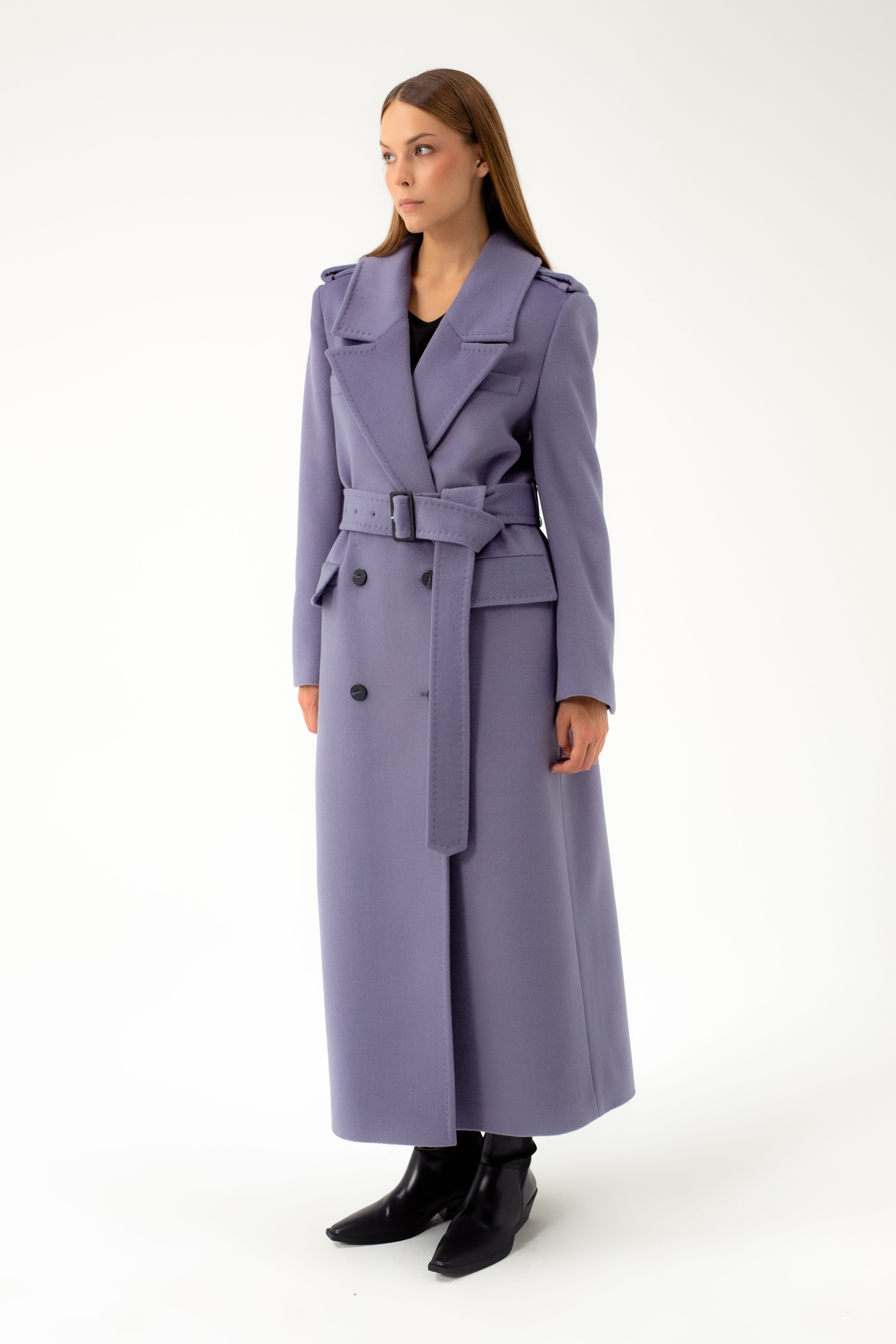 LONG DOUBLE-BREASTED WOOL COAT WITH BELT