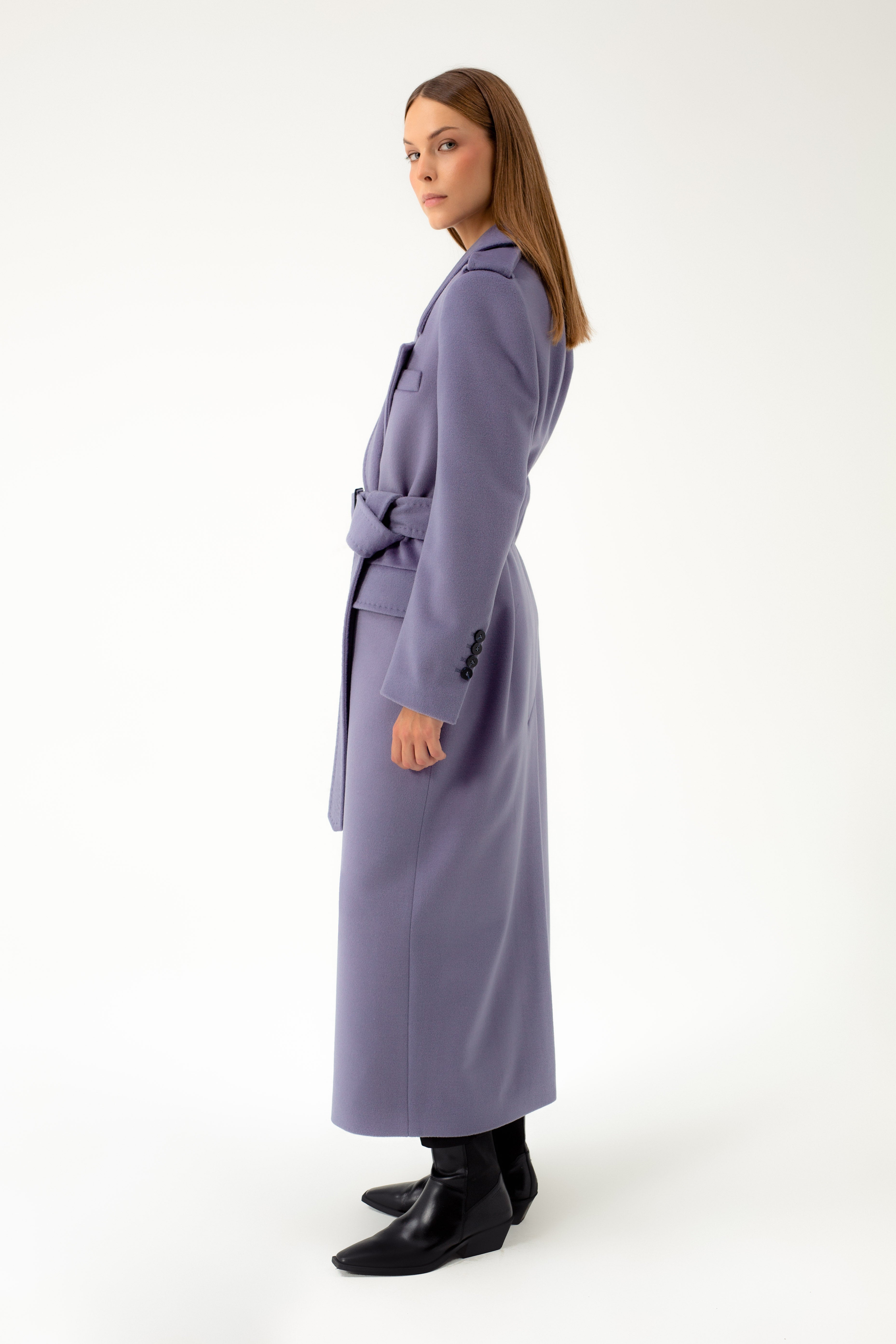 LONG DOUBLE-BREASTED WOOL COAT WITH BELT