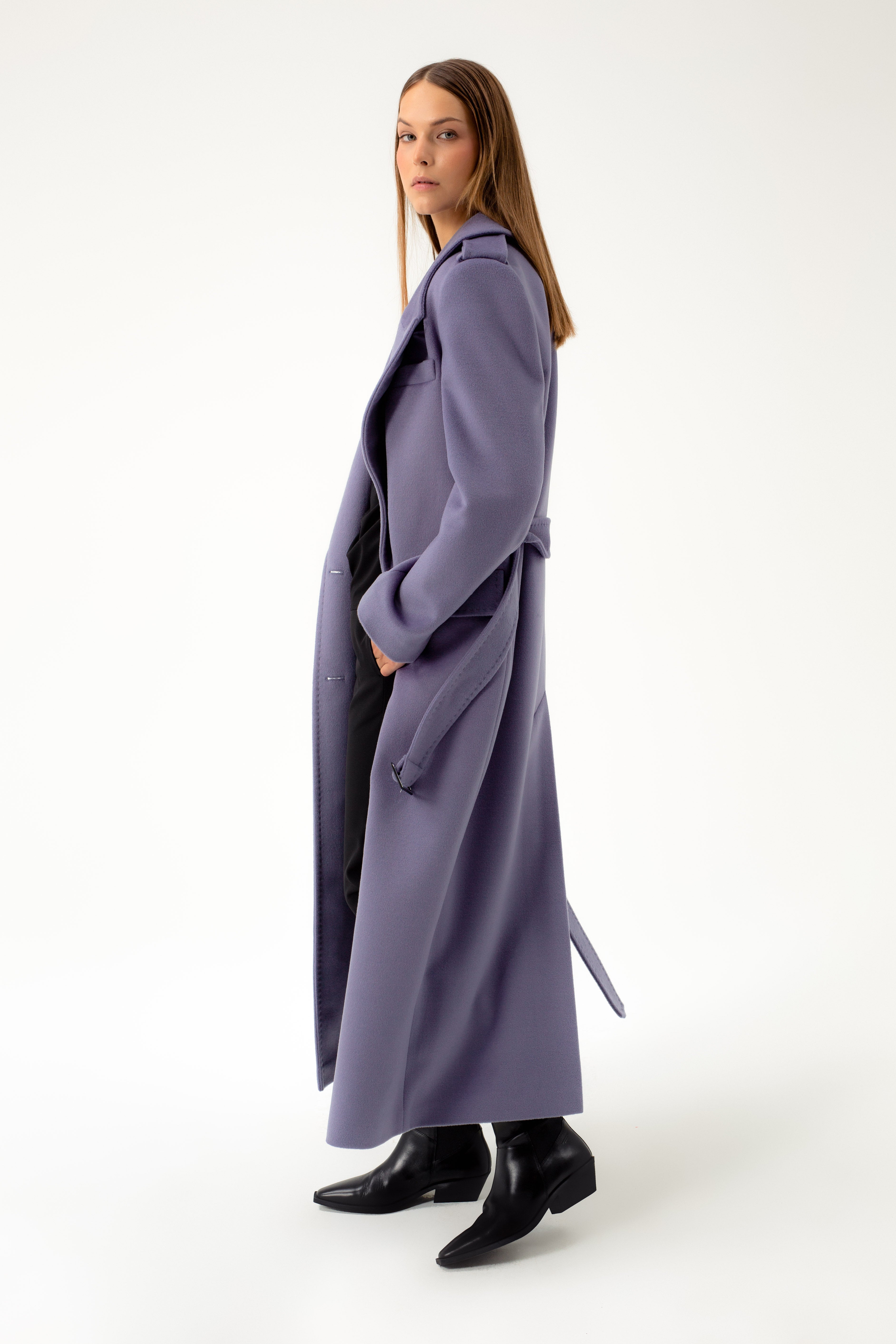 LONG DOUBLE-BREASTED WOOL COAT WITH BELT