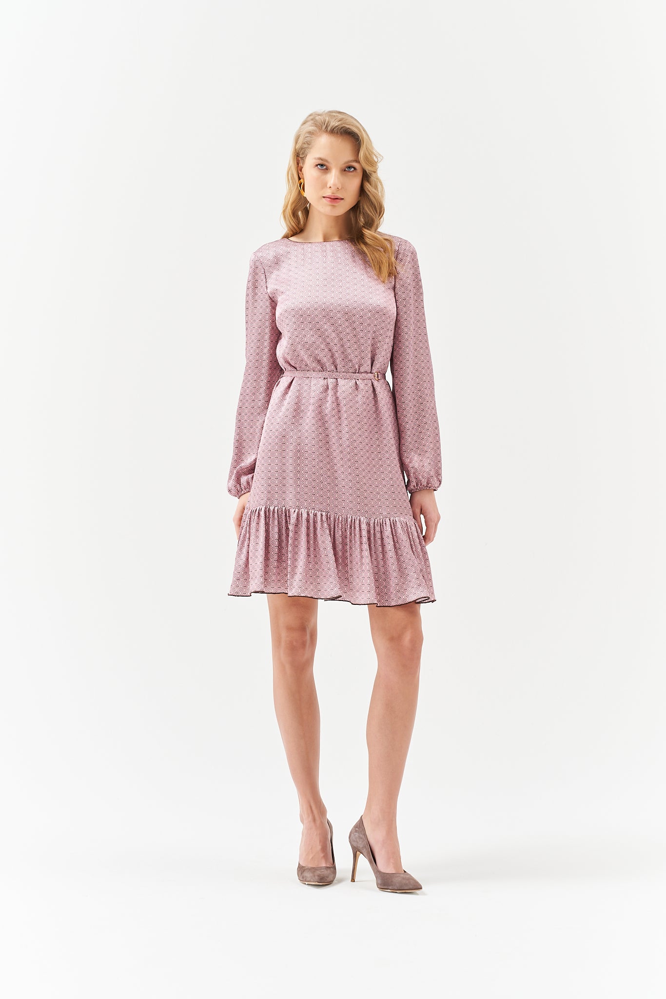 LONG SLEEVE BELTED DRESS IN ROSE PINK