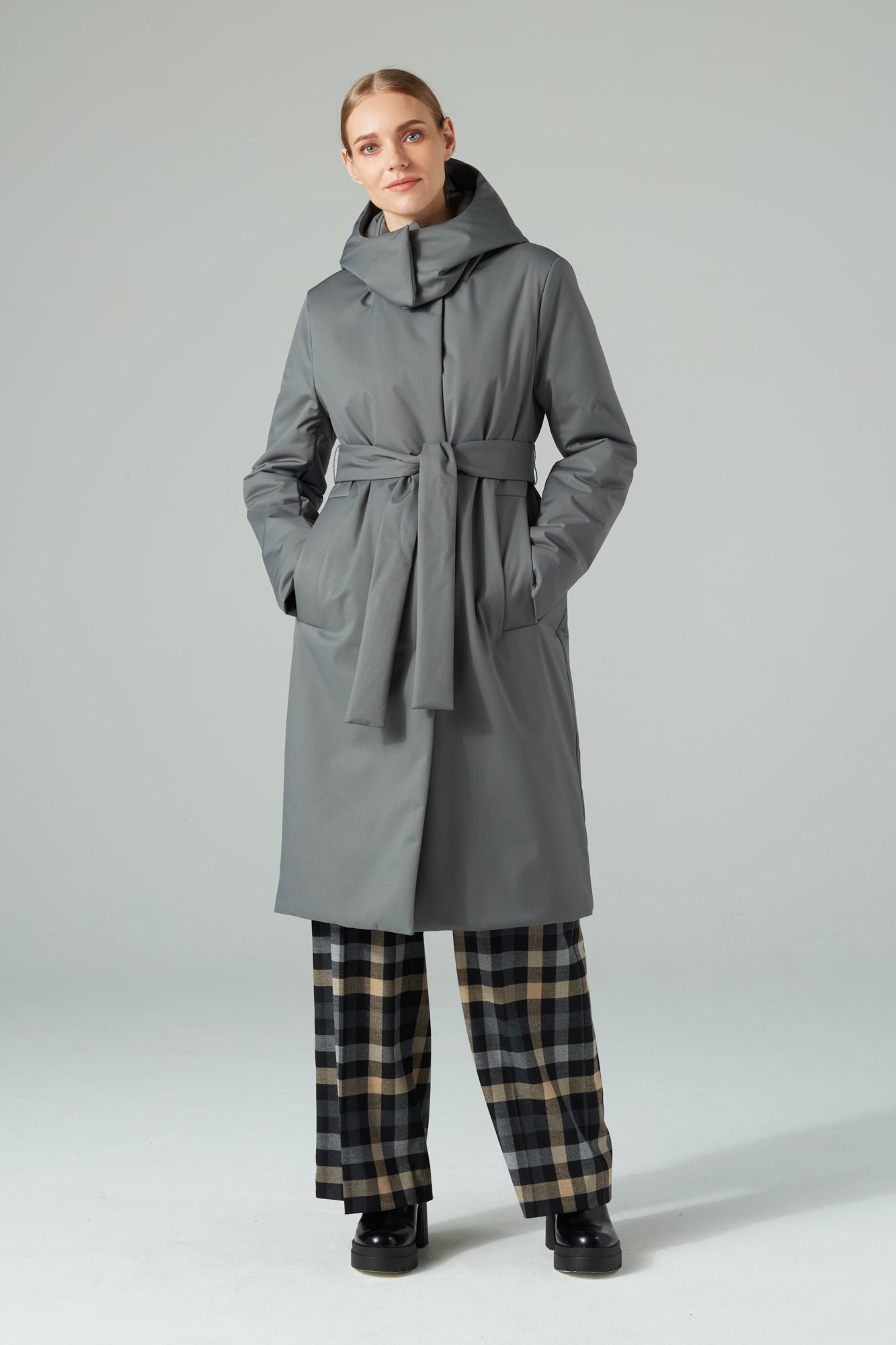 BELTED LONGLINE PADDED COAT WITH A HOOD ANTRACITE