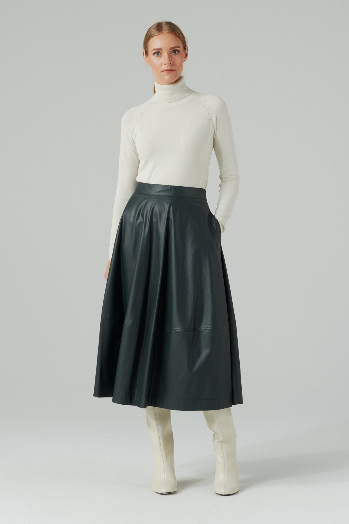 GREEN ECO LEATHER MIDI A-LINE SKIRT