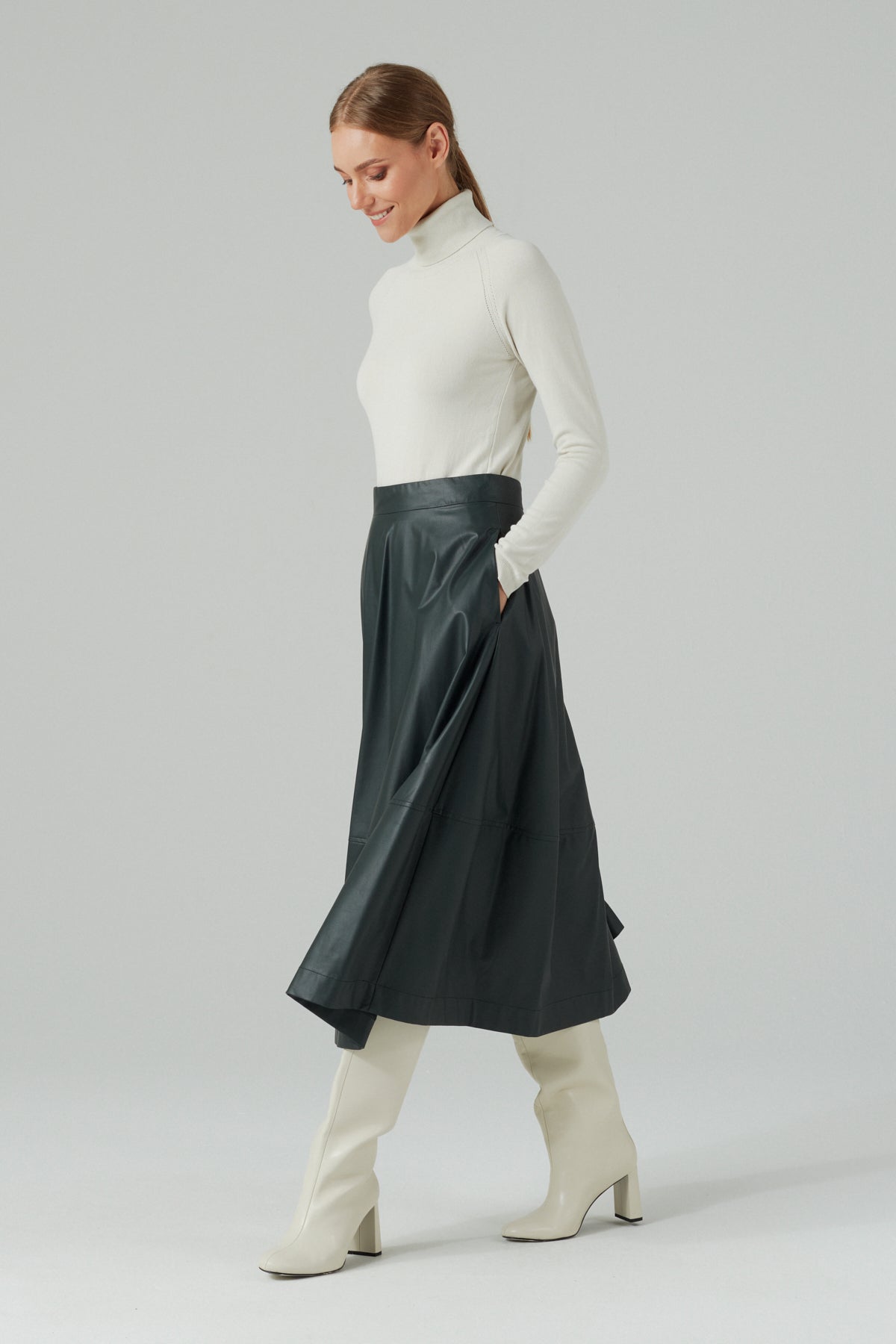 GREEN ECO LEATHER MIDI A-LINE SKIRT