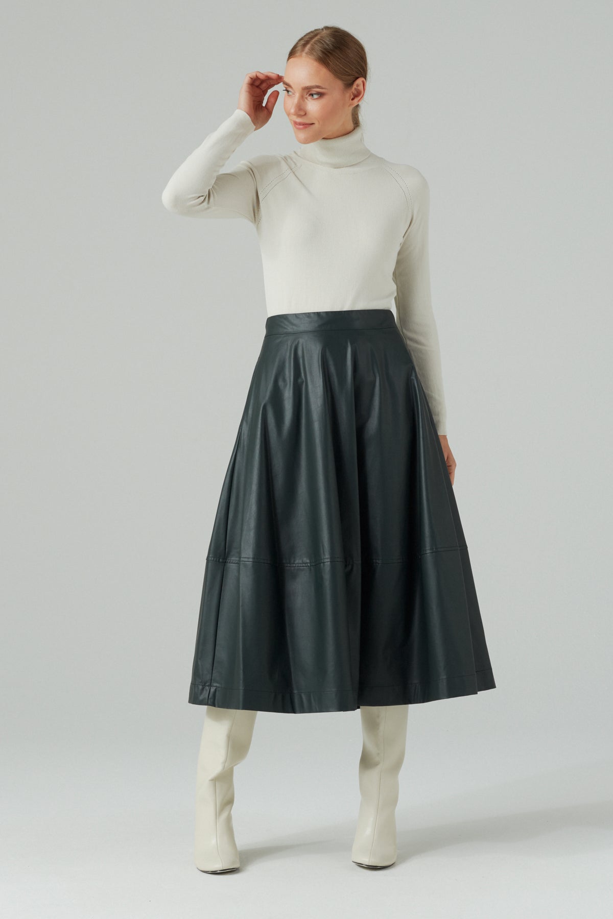 GREEN ECO LEATHER MIDI A-LINE SKIRT